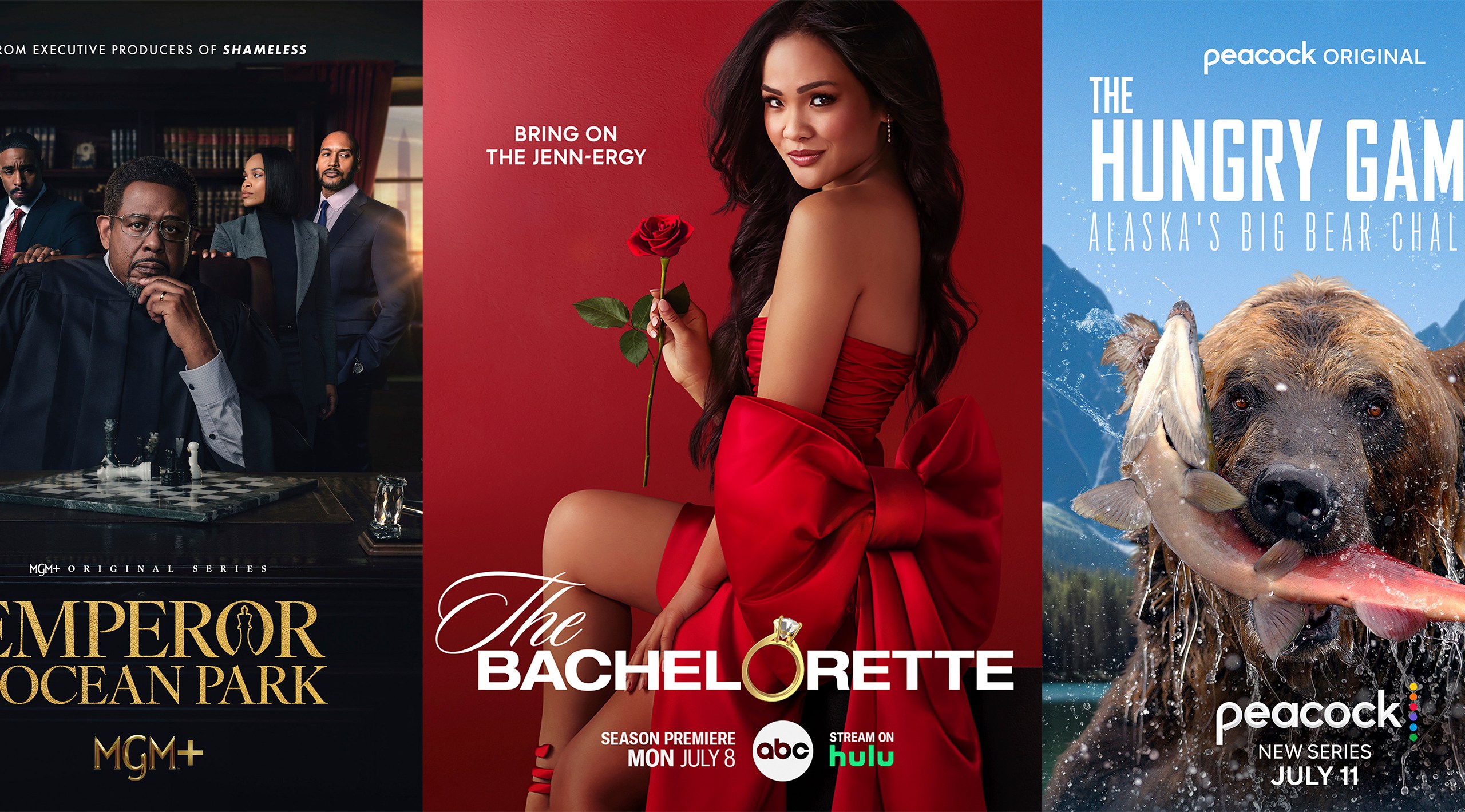 This combination of photos shows promotional art for the series "Emperor of Ocean Park," left, the reality romance series "The Bachelorette," center, and "The Hungry Games: Alaska’s Big Bear Challenge." (MGM+/ABC/Peacock via AP)