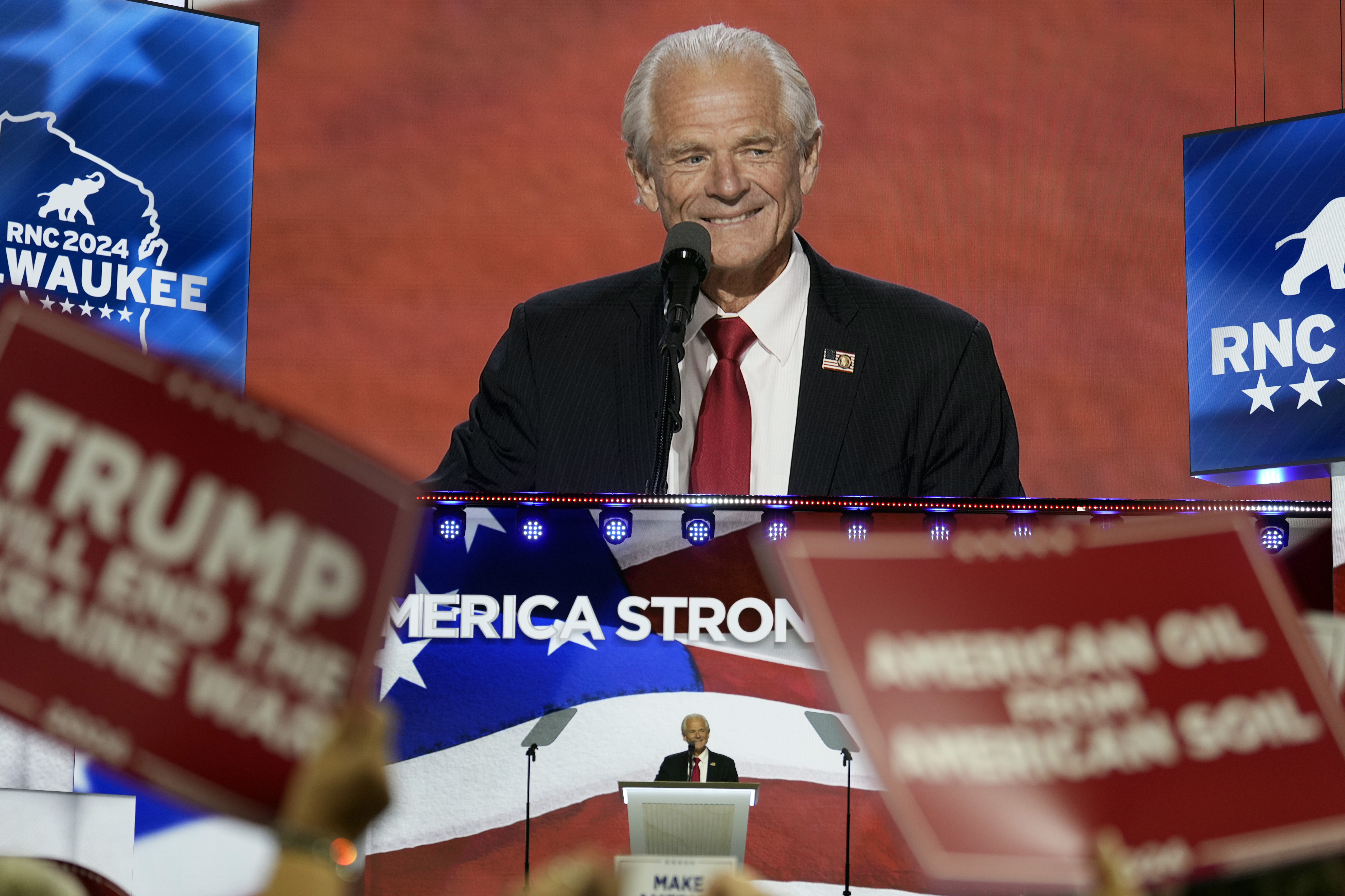 Peter Navarro, former Director of U.S. Office of Trade & Manufacturing. speaks during the third day of 2024 Republican National Convention at the Fiserv Forum, Wednesday, July 17, 2024, in Milwaukee. (AP Photo/Carolyn Kaster)