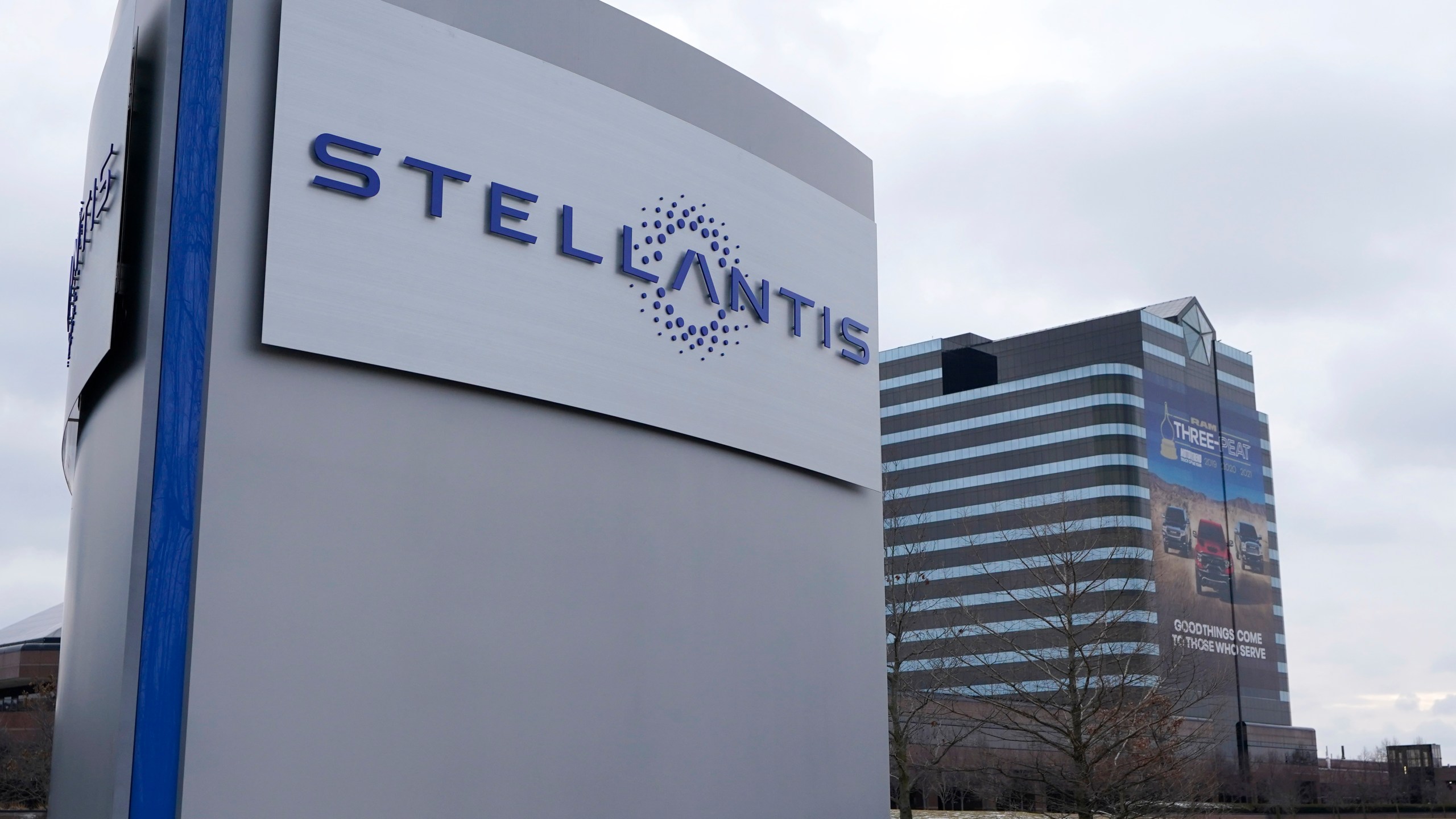 FILE - The Stellantis sign is seen outside the Chrysler Technology Center on July 19, 2021, in Auburn Hills, Mich. Stellantis said Thursday, July 18, 2024, that it's recalling certain 2017 through 2021 Chrysler Pacifica plug-in hybrids, mainly in North America. (AP Photo/Carlos Osorio, File)