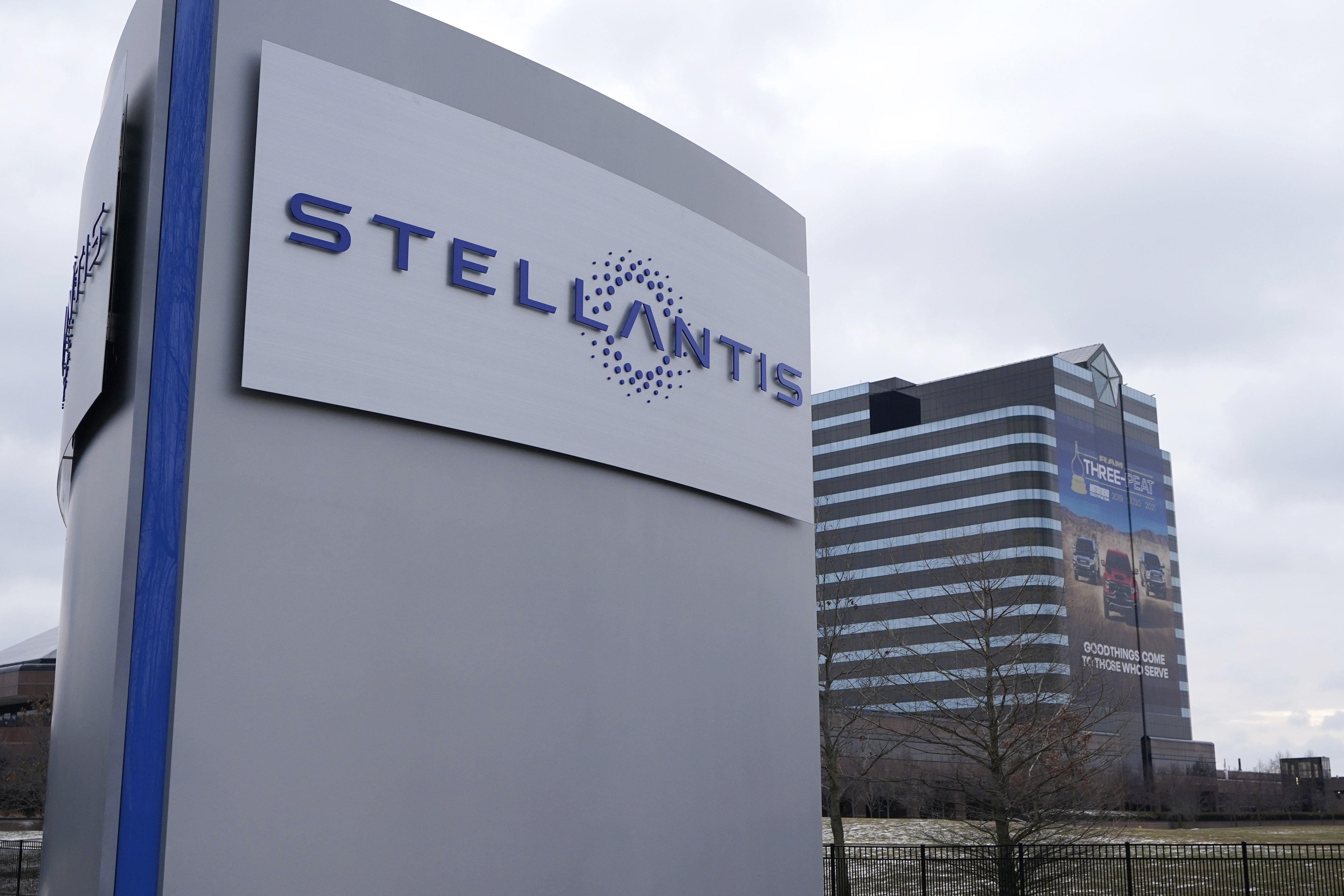 FILE - The Stellantis sign is seen outside the Chrysler Technology Center on July 19, 2021, in Auburn Hills, Mich. Stellantis said Thursday, July 18, 2024, that it's recalling certain 2017 through 2021 Chrysler Pacifica plug-in hybrids, mainly in North America. (AP Photo/Carlos Osorio, File)