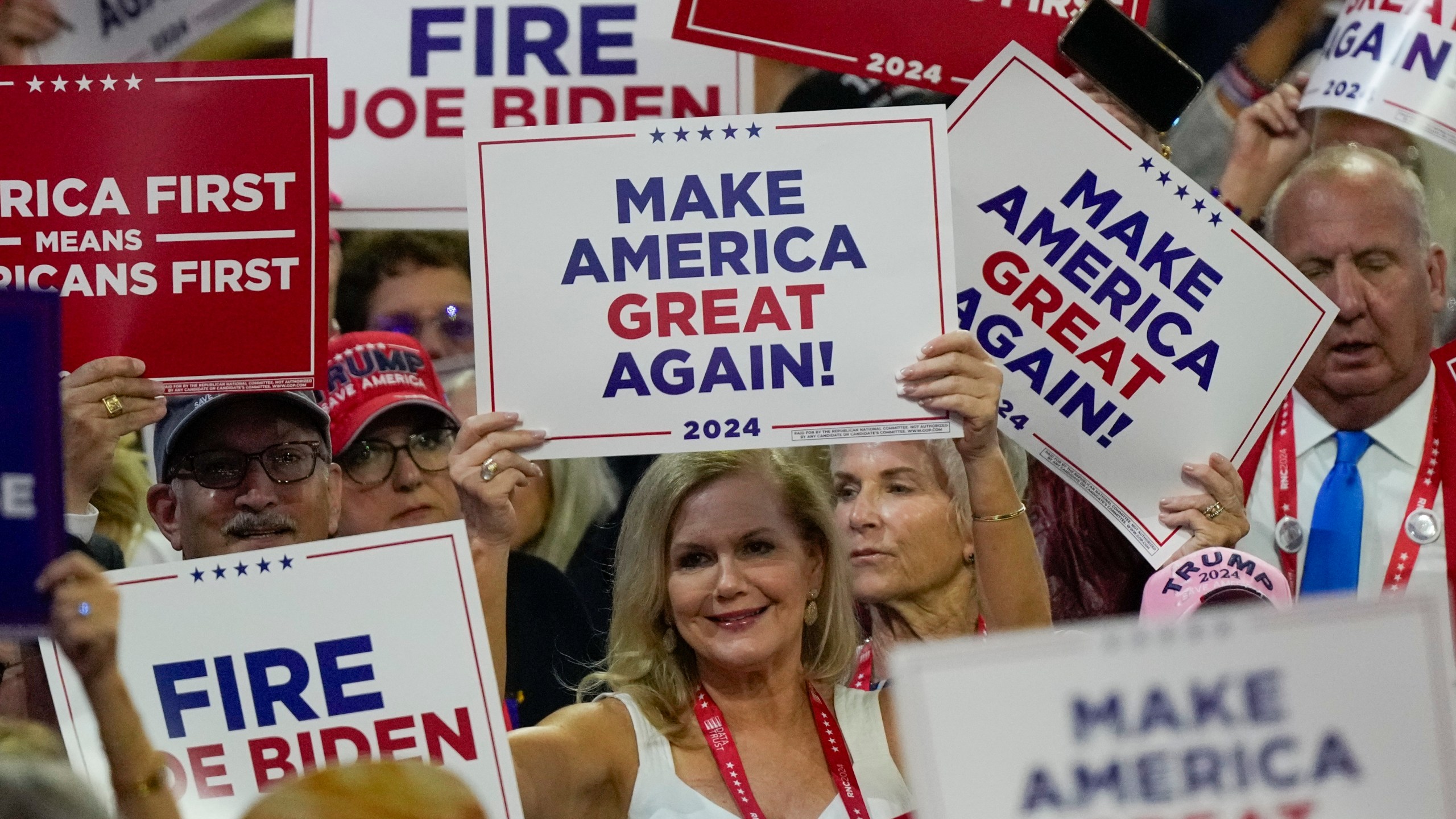 Supporters cheer during the Republican National Convention Thursday, July 18, 2024, in Milwaukee. (AP Photo/Matt Rourke)