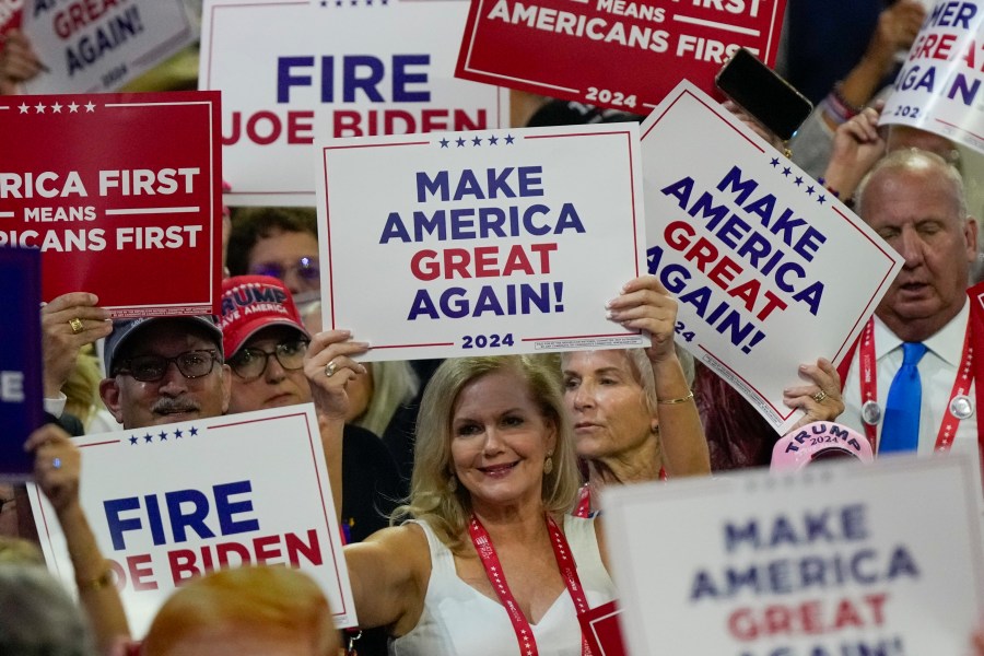 Supporters cheer during the Republican National Convention Thursday, July 18, 2024, in Milwaukee. (AP Photo/Matt Rourke)