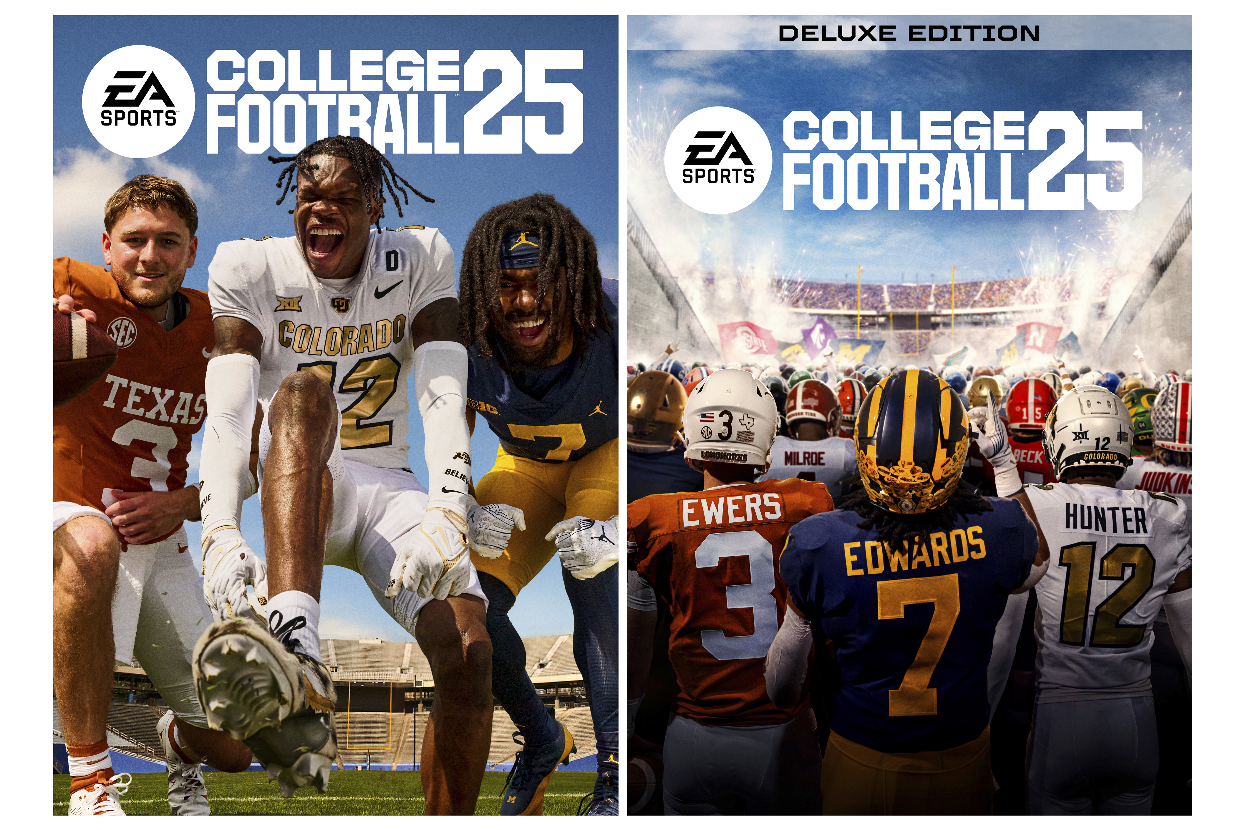 FILE - This combo of images provided by EA Sports, shows the video game covers for the new standard edition College Football 25, left, and Deluxe Edition College Football 25, featuring Texas' Quinn Ewers, Colorado's Travis Hunter, and Michigan's Donovan Edwards. EA Sports College Football 25, among the most highly anticipated sports video games of all time, has flooded the market as gamers who waited more than a decade for the franchise's next installment rush to play it. (EA Sports via AP, File)
