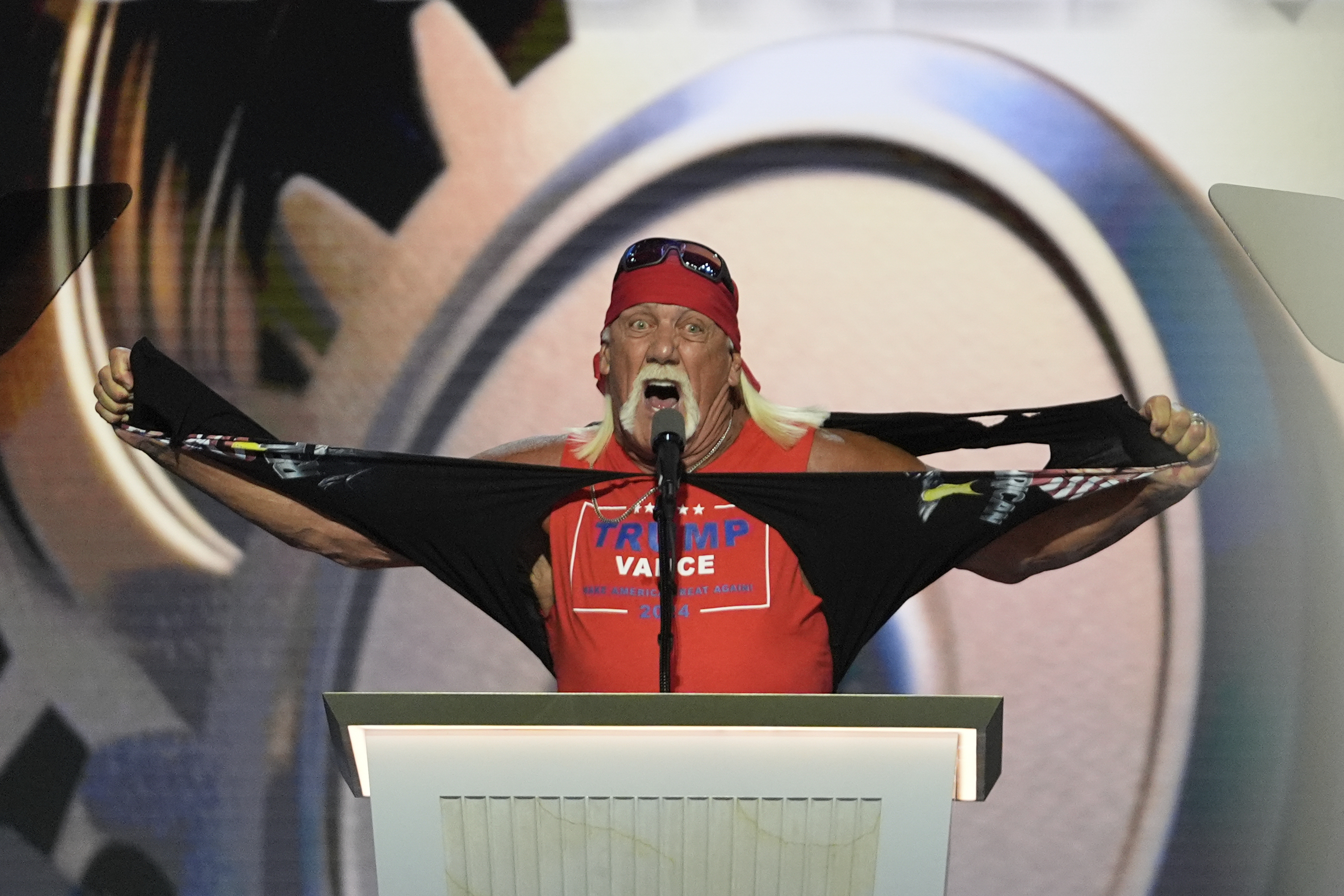 Professional wrestler Hulk Hogan speaks during the final day of the Republican National Convention Thursday, July 18, 2024, in Milwaukee. (AP Photo/Paul Sancya)