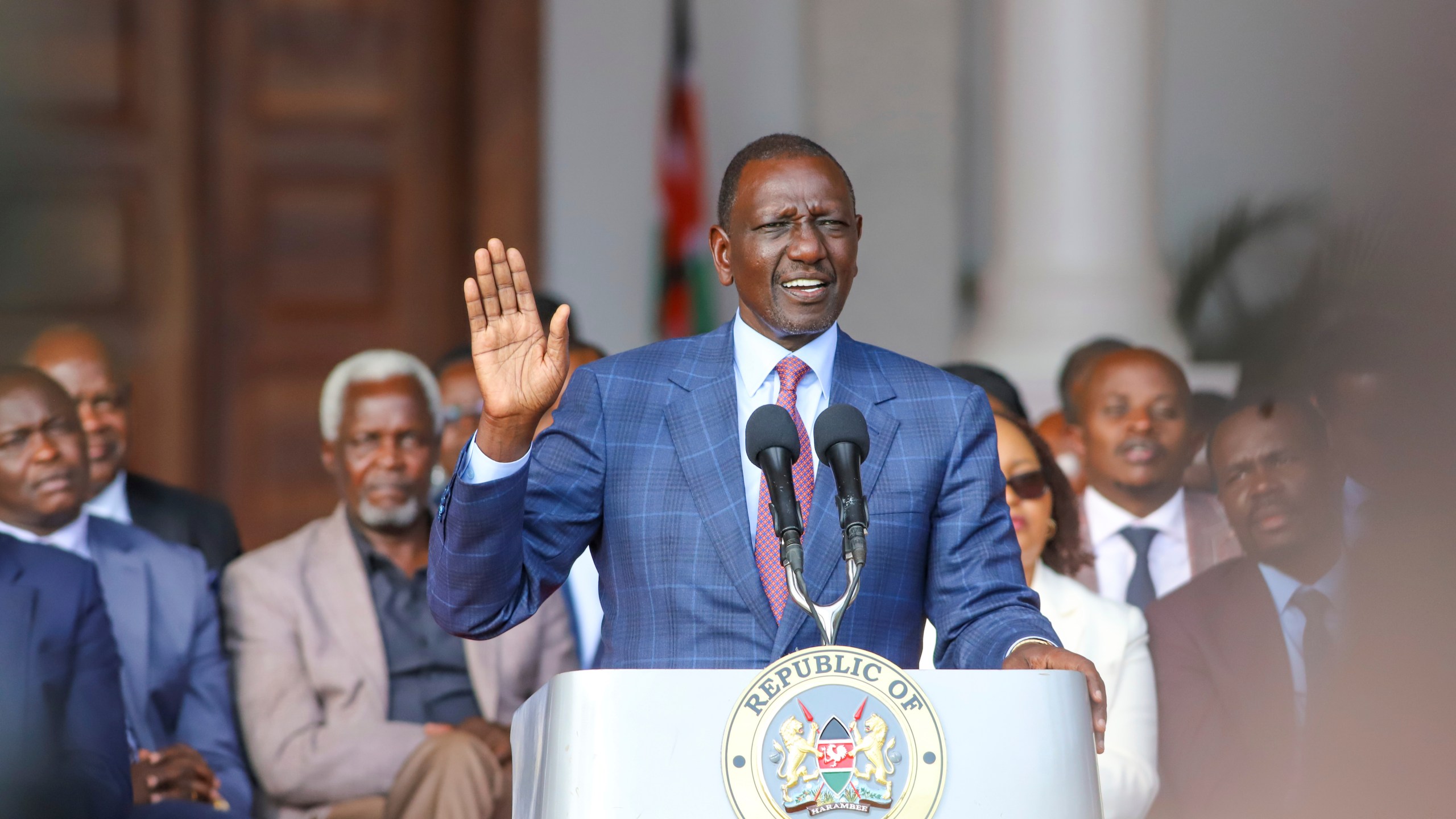 Kenyan President William Ruto gives an address at the State House in Nairobi, Kenya Wednesday, June 26, 2024. Kenyan President William Ruto said he won't sign into law a finance bill proposing new taxes a day after protesters stormed parliament and several people were shot dead. (AP Photo/Patrick Ngugi)