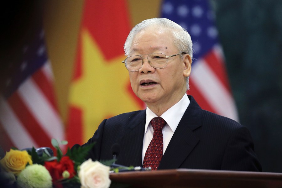 FILE - Vietnamese General Secretary of the Communist Party Nguyen Phu Trong addresses the media in Hanoi, Vietnam, on Sept. 10, 2023. The powerful head of Vietnam’s ruling Communist Party, has died, official media say on Friday, July 19, 2024. (Luong Thai Linh/Pool Photo via AP, File)