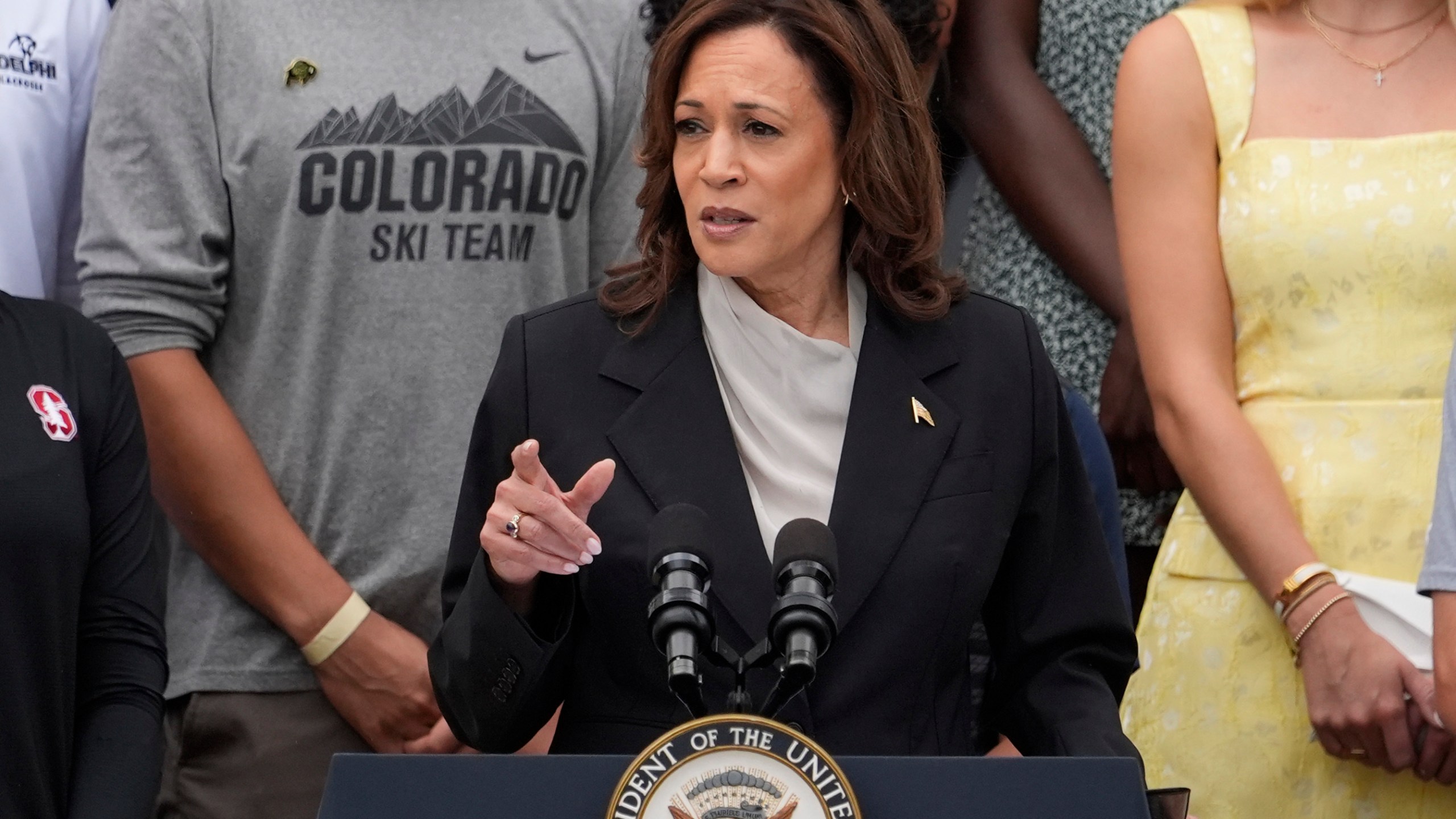 Vice President Kamala Harris speaks from the South Lawn of the White House in Washington, Monday, July 22, 2024, during an event with NCAA college athletes. This is her first public appearance since President Joe Biden endorsed her to be the next presidential nominee of the Democratic Party. (AP Photo/Alex Brandon)