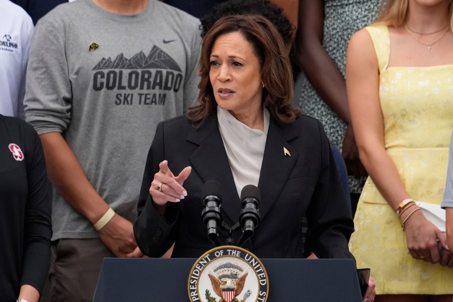 Vice President Kamala Harris speaks from the South Lawn of the White House in Washington, Monday, July 22, 2024, during an event with NCAA college athletes. This is her first public appearance since President Joe Biden endorsed her to be the next presidential nominee of the Democratic Party. (AP Photo/Alex Brandon)