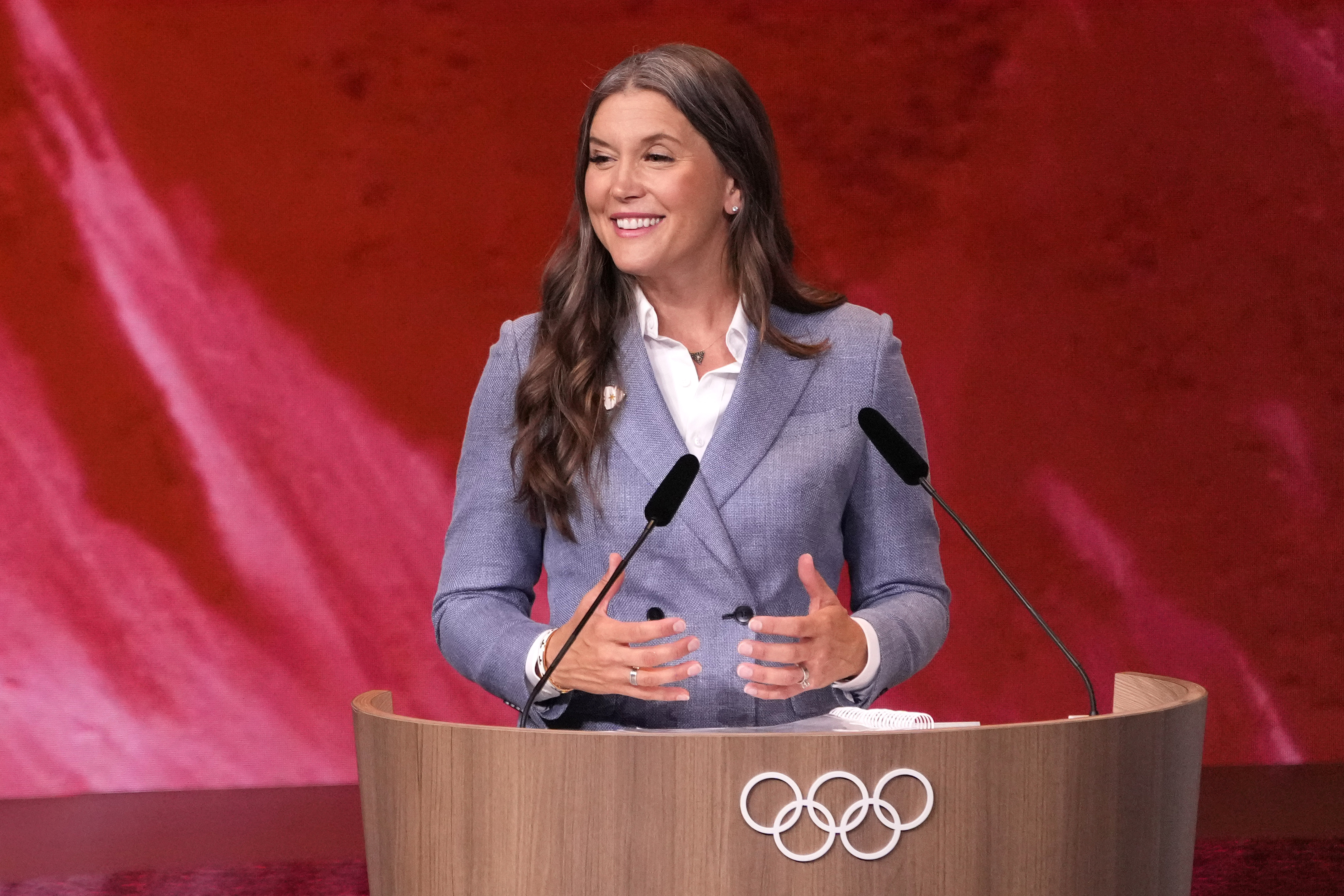 Salt Lake City Mayor Erin Mendenhall speaks about Salt Lake City's bid to host the 2034 Winter Olympics, during the 142nd IOC session at the 2024 Summer Olympics, Wednesday, July 24, 2024, in Paris, France. (AP Photo/David Goldman)