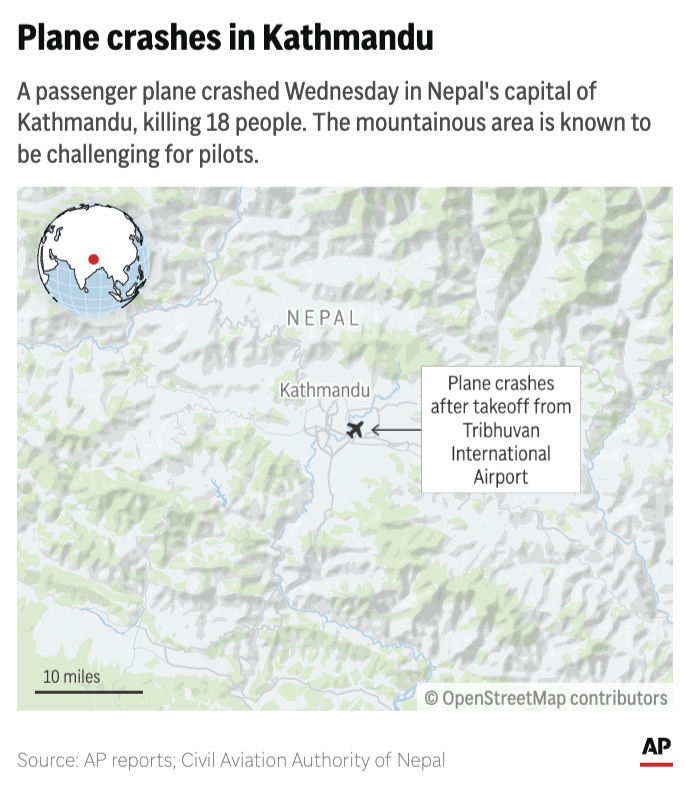 A plane crash in Nepal's capital killed 18 Wednesday. (AP Digital Embed)