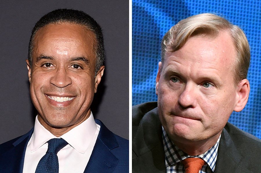 This combination photo shows Maurice DuBois, left, and John Dickerson. DuBois and Dickerson will co-anchor the “CBS Evening News” following the departure of Norah O'Donnell later this year, the network said Thursday, Aug. 1, 2024. (AP Photo)