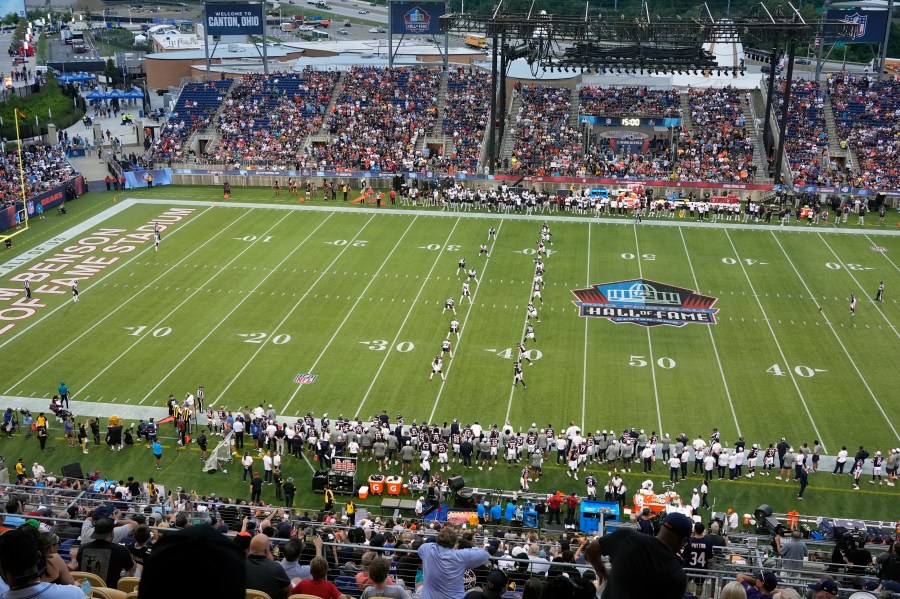 Chicago Bears kicker Cairo Santos prepares to kick off during the beginning of the NFL exhibition Hall of Fame football game against the Houston Texans, in Canton, Ohio, Thursday, Aug. 1, 2024. (AP Photo/Gene J. Puskar)