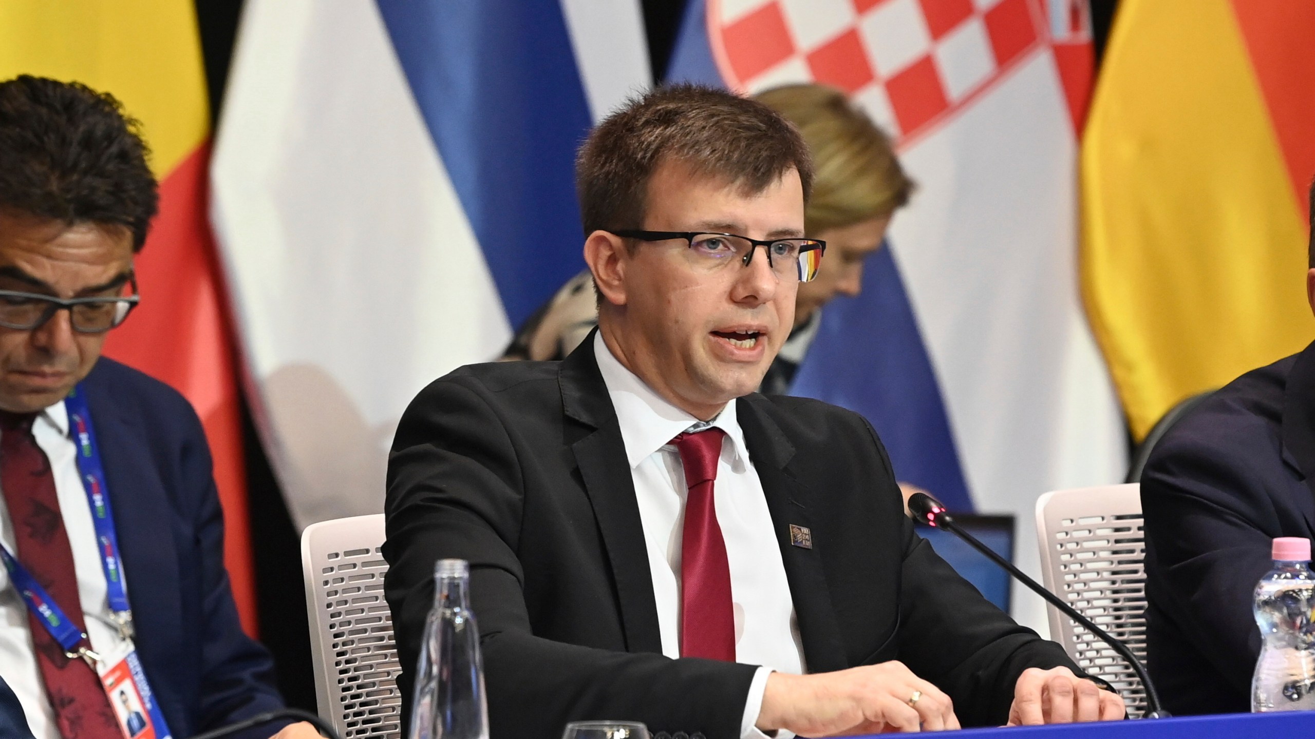 European Affairs Minister Janos Boka of Hungary speaks during the informal meeting of the EU General Affair council in Budapest, Hungary, Tuesday, Sept. 3, 2024. (Zoltan Mathe/MTI via AP)