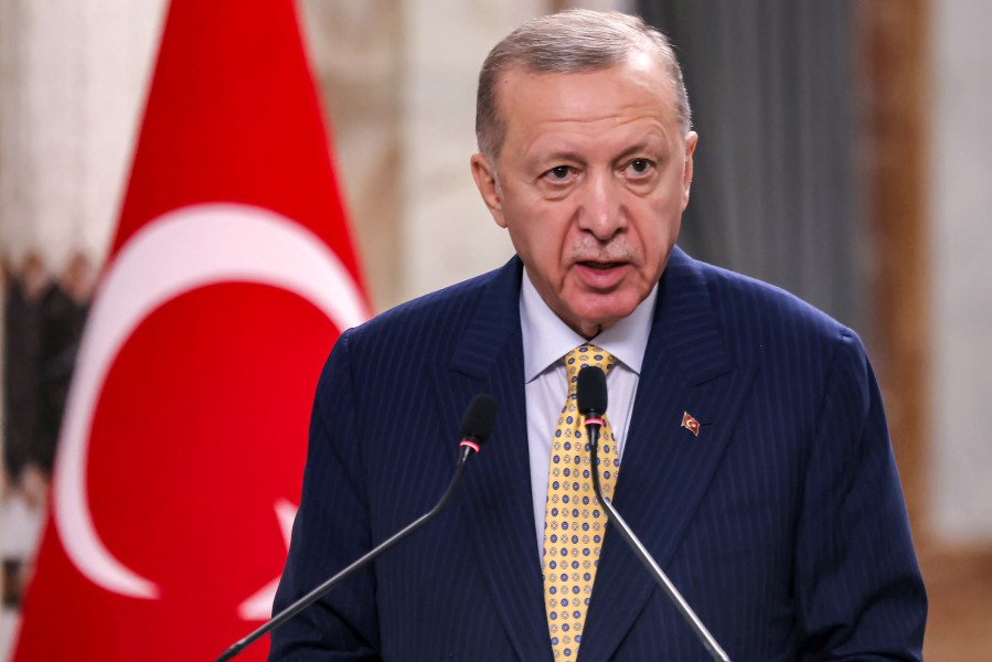 FILE - Turkish President Recep Tayyip Erdogan speaks during a joint statement to the media in Baghdad, Iraq, April 22, 2024. (Ahmad Al-Rubaye /Pool Photo via AP, File)