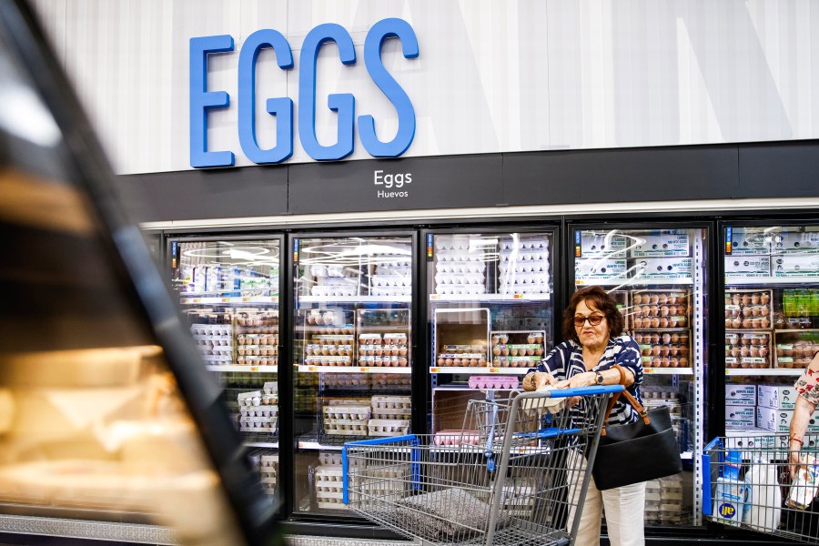 FILE - A woman buys eggs at a Walmart Superstore in Secaucus, New Jersey, July 11, 2024. (AP Photo/Eduardo Munoz Alvarez, File)