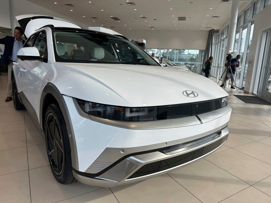 The 2025 model Hyundai Ioniq 5 electric SUV is seen Tuesday, Sept. 3, 2024, after being unveiled at an auto dealership in Savannah, Ga. (AP Photo/Russ Bynum)