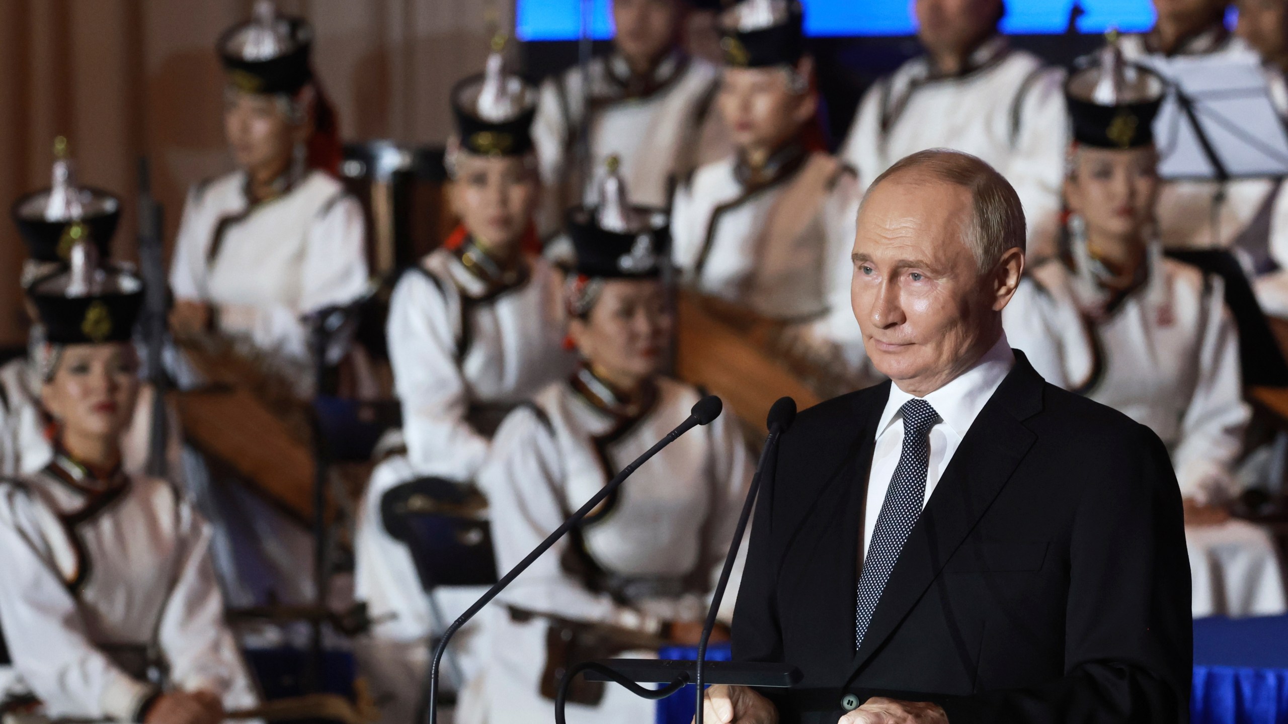 Russian President Vladimir Putin speaks during an event marking the 85th anniversary of the joint victory of the Soviet and Mongolian armed forces over the Japanese militarists on the Khalkhin Gol River, in Ulaanbaatar, Mongolia, Tuesday, Sept. 3, 2024. (Vyacheslav Prokofyev, Sputnik, Kremlin Pool Photo via AP)