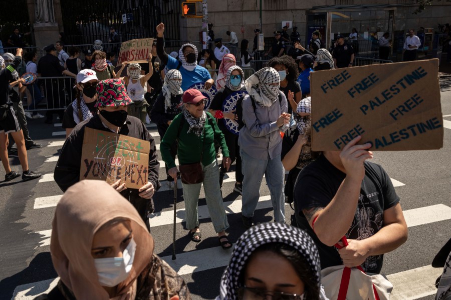 Pro-Palestinian supporters march to Barnard College during the picket line outside Columbia University, Tuesday, Sept. 3, 2024, in New York. (AP Photo/Yuki Iwamura)