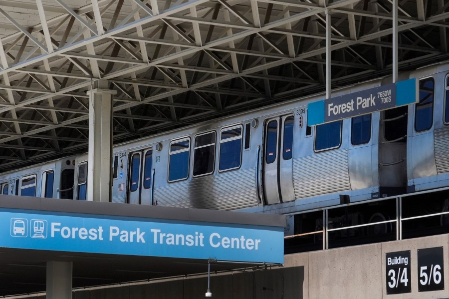 A Chicago Transit Authority Blue Line train waits at the Forest Park, Ill., train station for the eastern journey to downtown Chicago on Tuesday, Sept. 3, 2024, in Forest Park, Ill. (AP Photo/Charles Rex Arbogast)