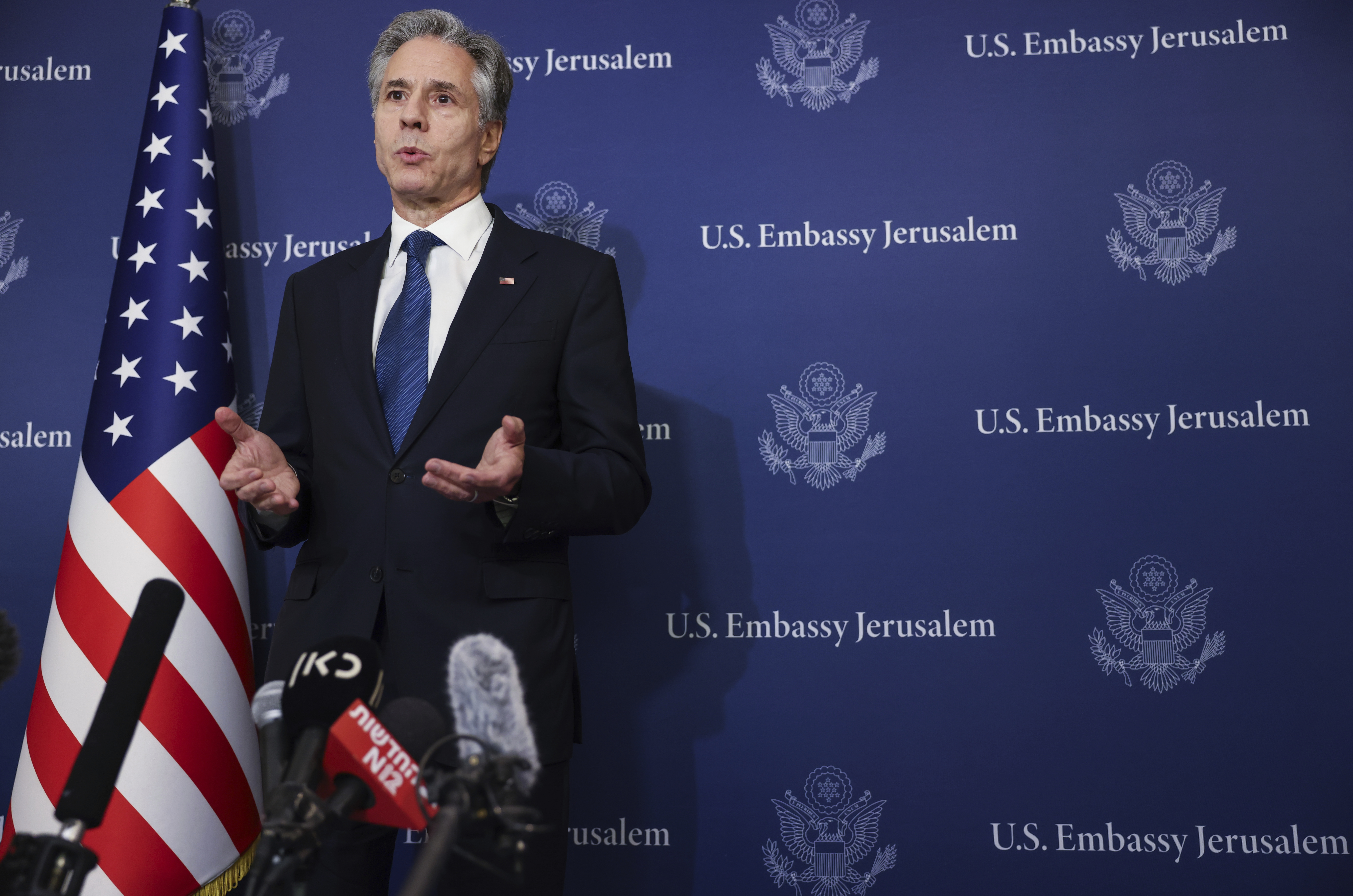 U.S. Secretary of State Antony Blinken speaks to media at the David Kempinski Hotel in Tel Aviv, Israel, Monday, Aug. 19, 2024. (Kevin Mohatt/Pool Photo via AP)