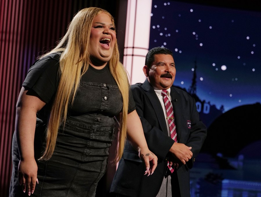 FILE - This image released by Disney shows TikTok creator Jools Lebron, left, with talk show personality Guillermo Rodriguez on the set of "Jimmy Kimmel Live!," Aug. 19, 2024, in Los Angeles. (Randy Holmes/ABC-Disney via AP, File)