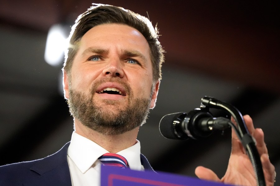 FILE - Republican vice presidential nominee Sen. JD Vance, R-Ohio, speaks at a campaign event in Erie, Pa., Aug. 28, 2024. (AP Photo/Gene J. Puskar, File)