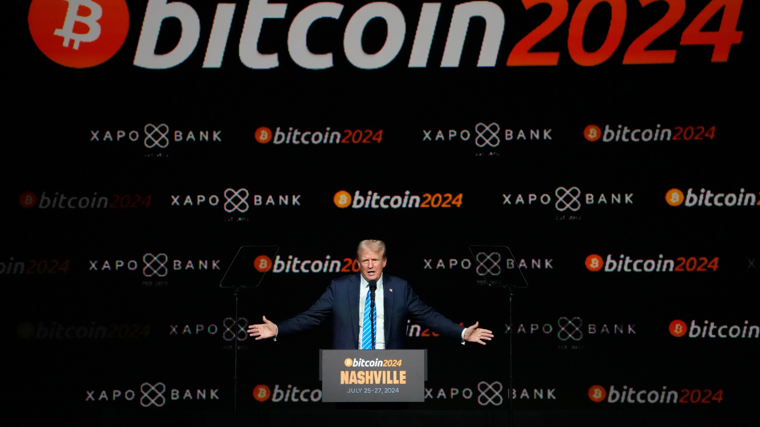 FILE - Republican presidential nominee former President Donald Trump speaks at the Bitcoin 2024 Conference July 27, 2024, in Nashville, Tenn. (AP Photo/Mark Humphrey, File)