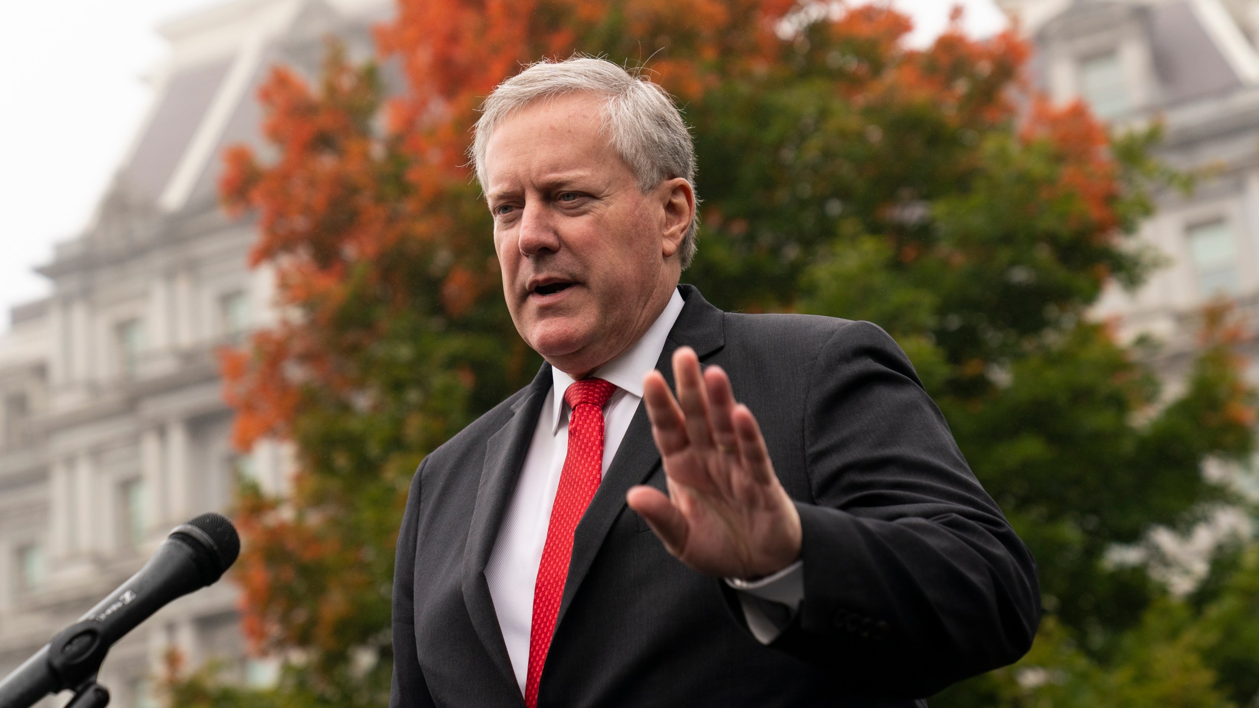 FILE - Then-White House chief of staff Mark Meadows speaks with reporters at the White House, Oct. 21, 2020, in Washington. (AP Photo/Alex Brandon, File)