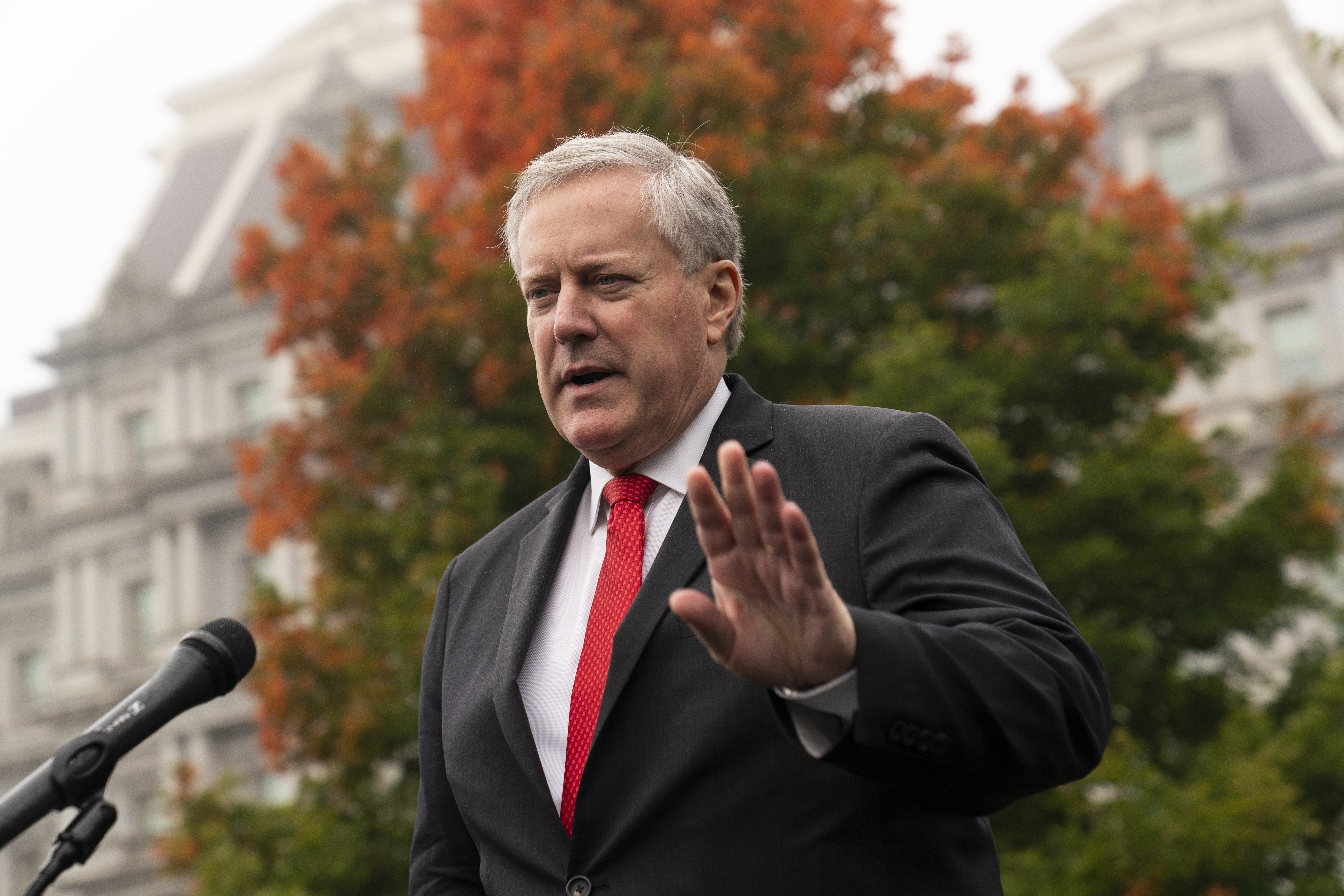 FILE - Then-White House chief of staff Mark Meadows speaks with reporters at the White House, Oct. 21, 2020, in Washington. (AP Photo/Alex Brandon, File)