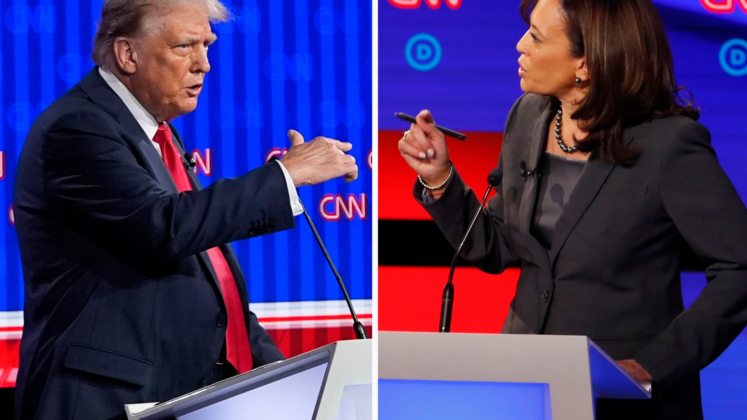 This combination photo shows Republican presidential candidate former President Donald Trump speaking during a presidential debate, June 27, 2024, in Atlanta, left, and Sen. Kamala Harris, D-Calif., speaking during a Democratic presidential primary debates, July 31, 2019, in Detroit. (AP Photo)