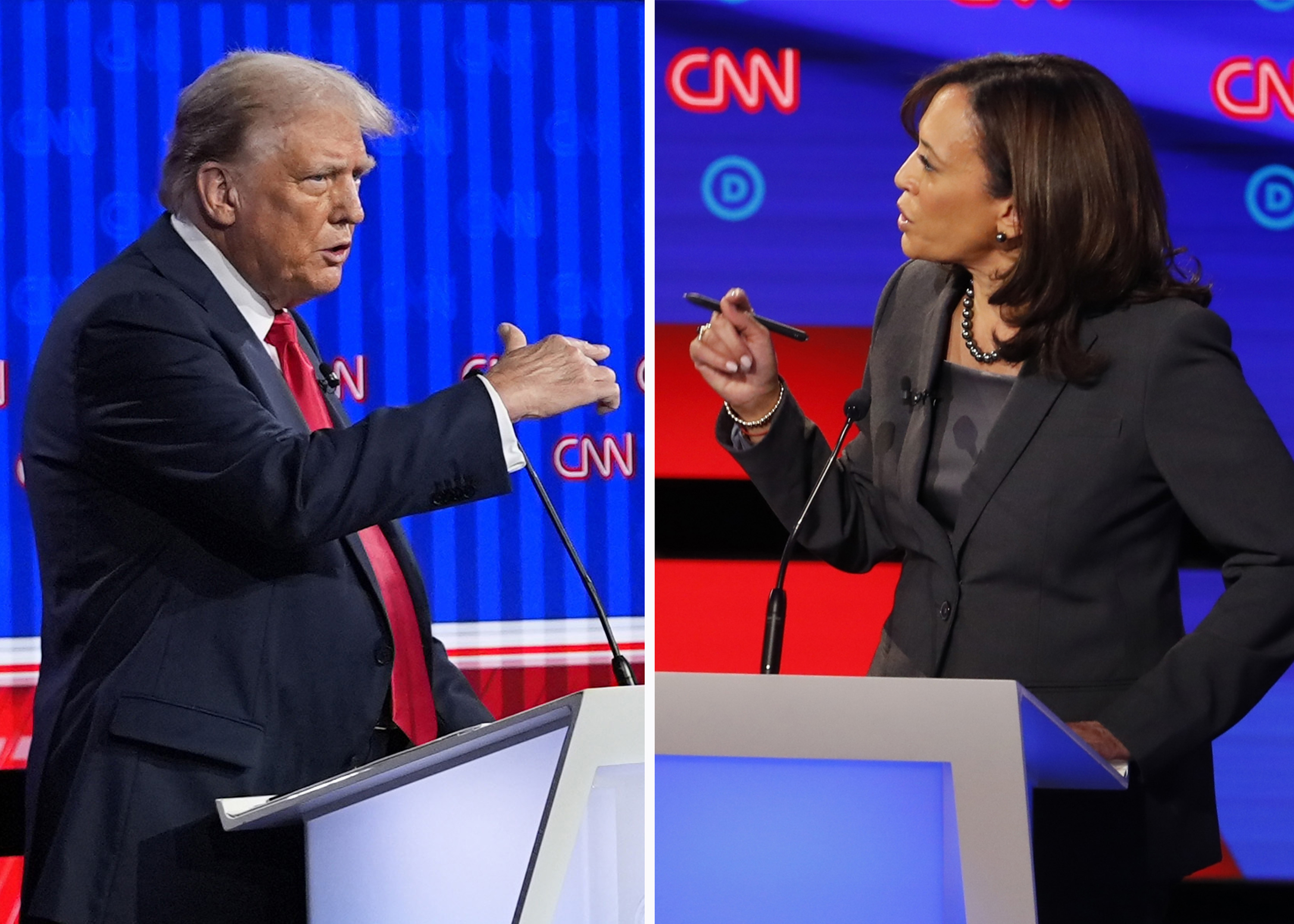 This combination photo shows Republican presidential candidate former President Donald Trump speaking during a presidential debate, June 27, 2024, in Atlanta, left, and Sen. Kamala Harris, D-Calif., speaking during a Democratic presidential primary debates, July 31, 2019, in Detroit. (AP Photo)