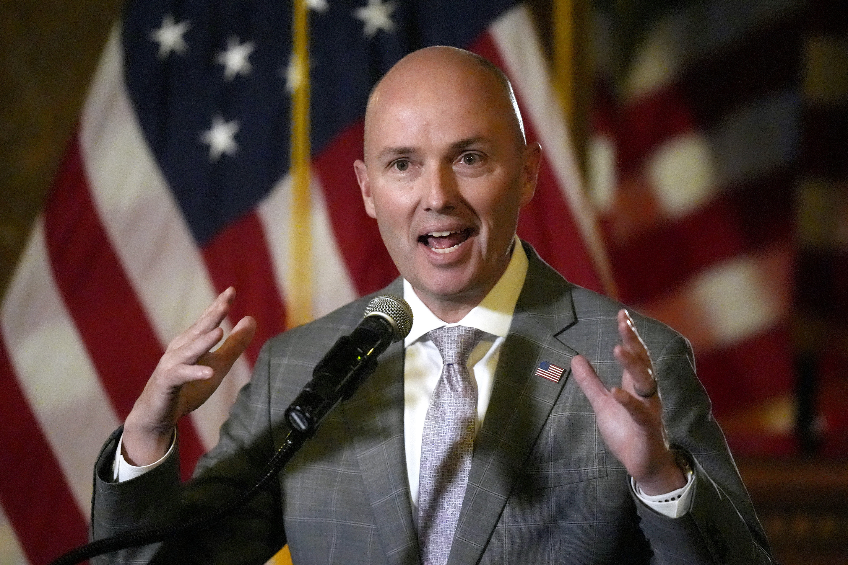 FILE - Utah Gov. Spencer Cox speaks during a news briefing during the final day of the Utah Legislature, March 1, 2024, in Salt Lake City. (AP Photo/Rick Bowmer, File)