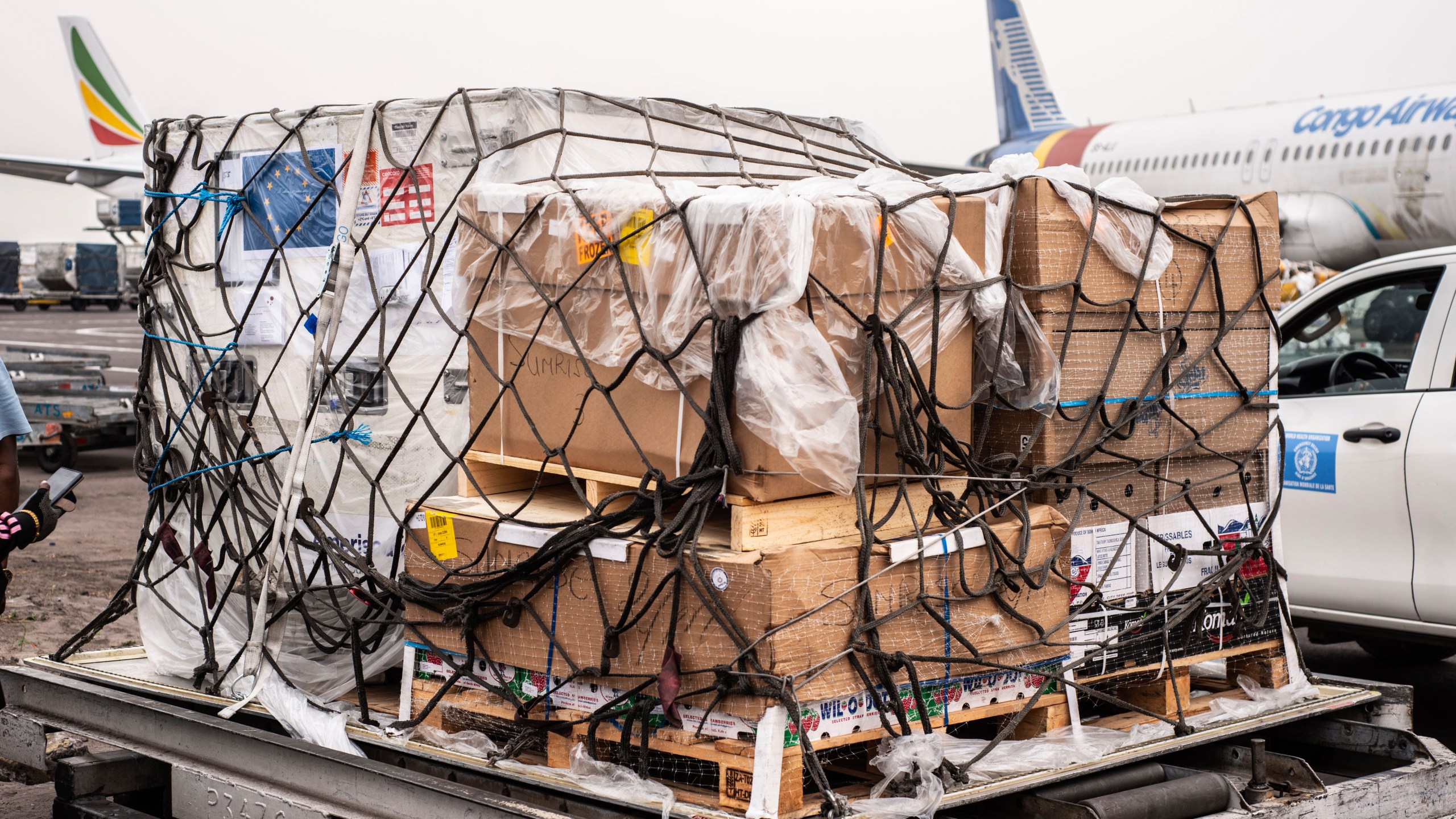 Mpox vaccine MVA-BN vaccine, manufactured by the Danish company Bavarian Nordic, are offloaded from a plane in Kinshasa, Congo, Thursday, Sept. 5, 2024.(AP Photo/Samy Ntumba Shambuyi)