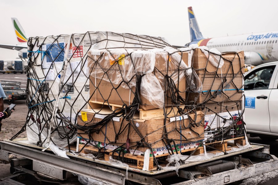 Mpox vaccine MVA-BN vaccine, manufactured by the Danish company Bavarian Nordic, are offloaded from a plane in Kinshasa, Congo, Thursday, Sept. 5, 2024.(AP Photo/Samy Ntumba Shambuyi)