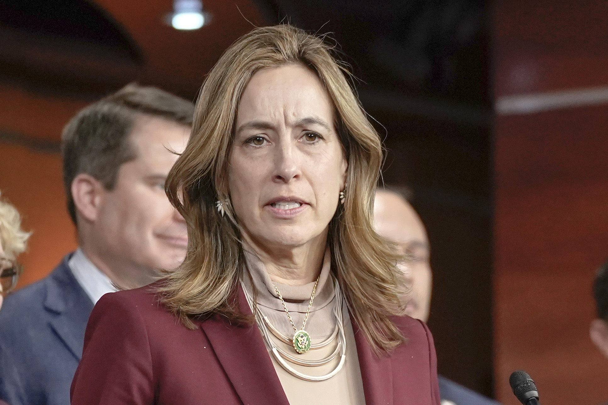 FILE - Rep. Mikie Sherrill, D-N.J., speaks during a news conference on Capitol Hill, Feb. 13, 2024, in Washington. (AP Photo/Mariam Zuhaib, File)