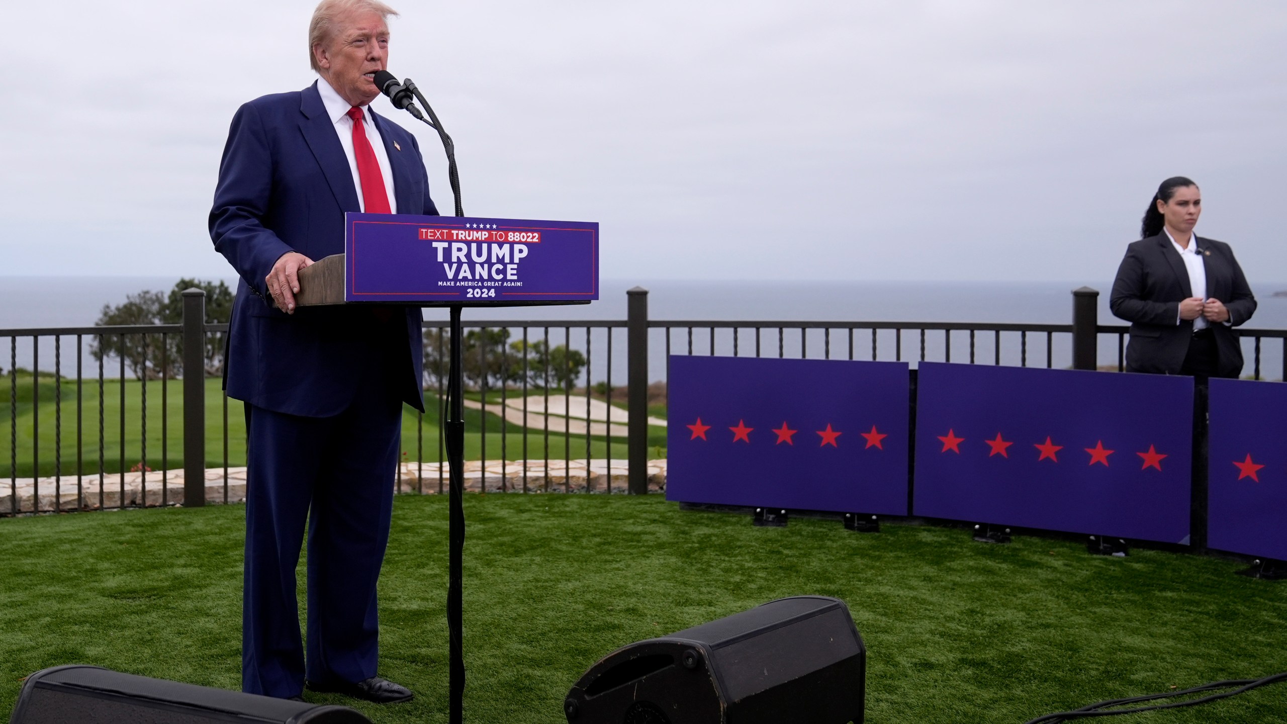 Republican presidential nominee former President Donald Trump speaks during a news conference held at Trump National Golf Club Los Angeles in Rancho Palos Verdes, Calif., Friday, Sept. 13, 2024. (AP Photo/Jae C. Hong)