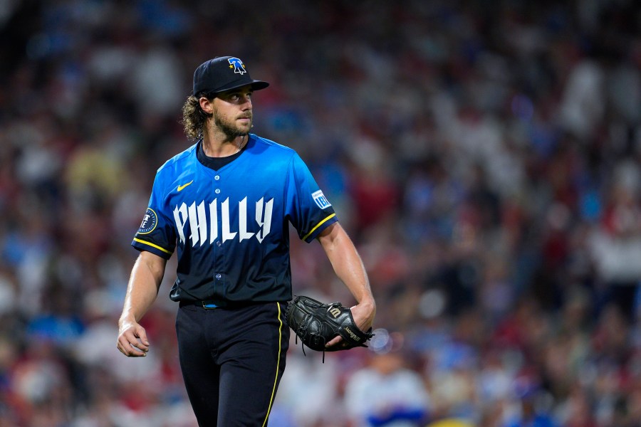 Philadelphia Phillies' Aaron Nola walks off the field after he was removed during the fifth inning of a baseball game against the New York Mets, Friday, Sept. 13, 2024, in Philadelphia. (AP Photo/Derik Hamilton)