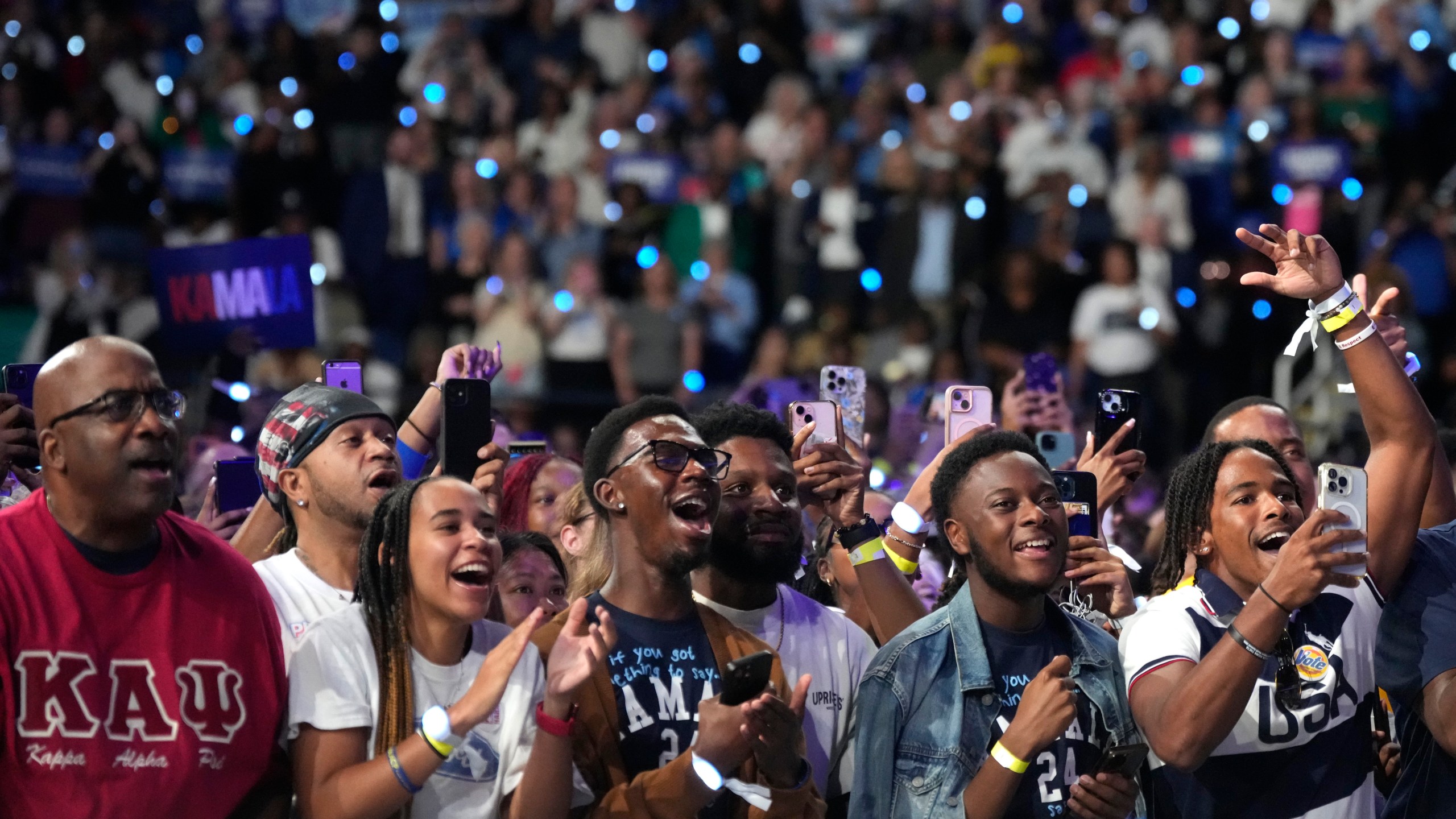 Supporters cheer as Democratic presidential nominee Vice President Kamala Harris speaks during a campaign event, Thursday, Sept. 12, 2024, in Greensboro, N.C. (AP Photo/Chris Carlson)