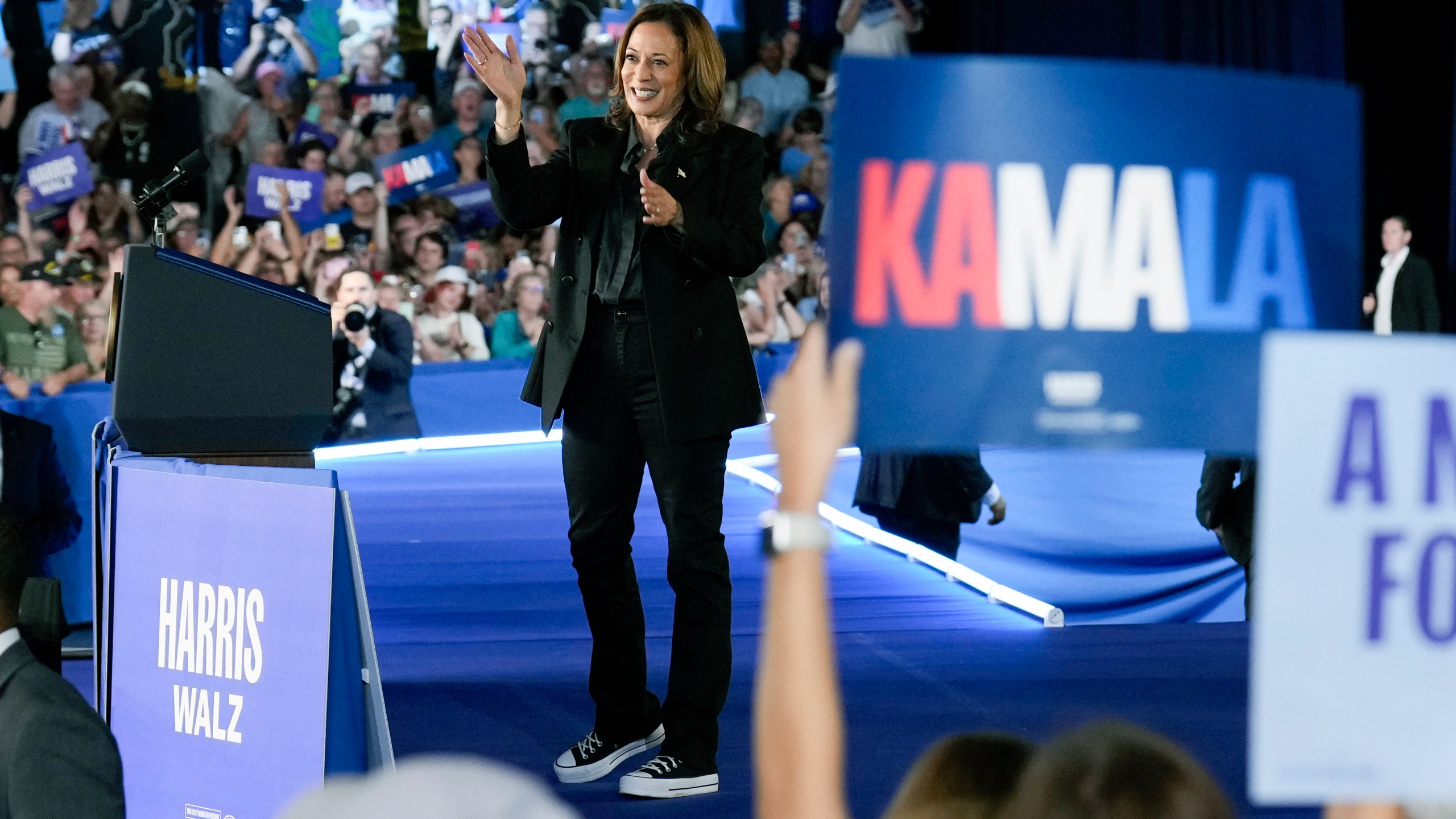 Democratic presidential nominee Vice President Kamala Harris during a campaign event, Friday, Sept. 13, 2024, Wilkes-Barre, Pa. (AP Photo/Jacquelyn Martin)