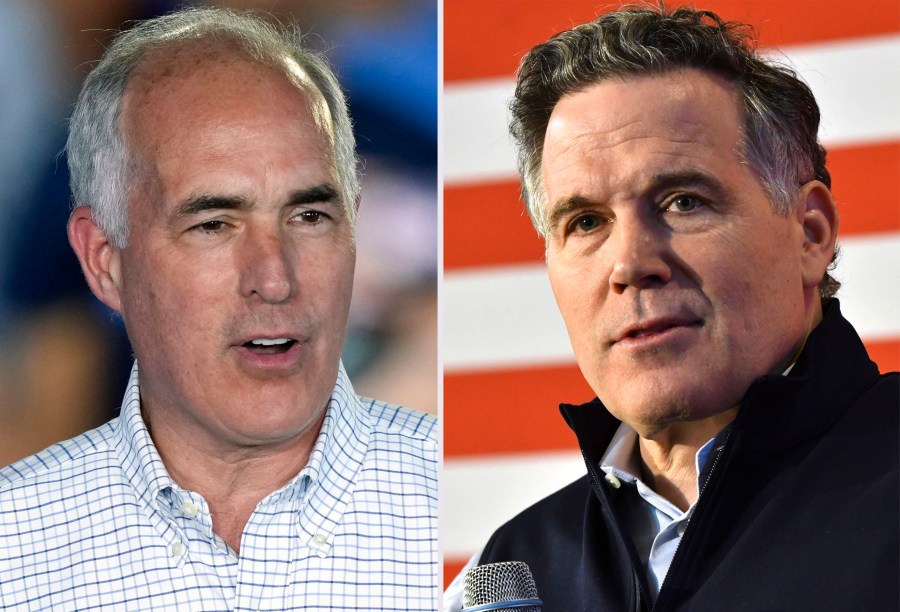 This combination of photos taken in Pennsylvania shows Sen. Bob Casey, D-Pa., left, at a campaign event, Sept. 13, 2024, in Wilkes-Barre, and David McCormick, the Republican nominee for Senate in Pennsylvania, at a campaign event, April 25, 2024, in Harrisburg. (AP Photo)