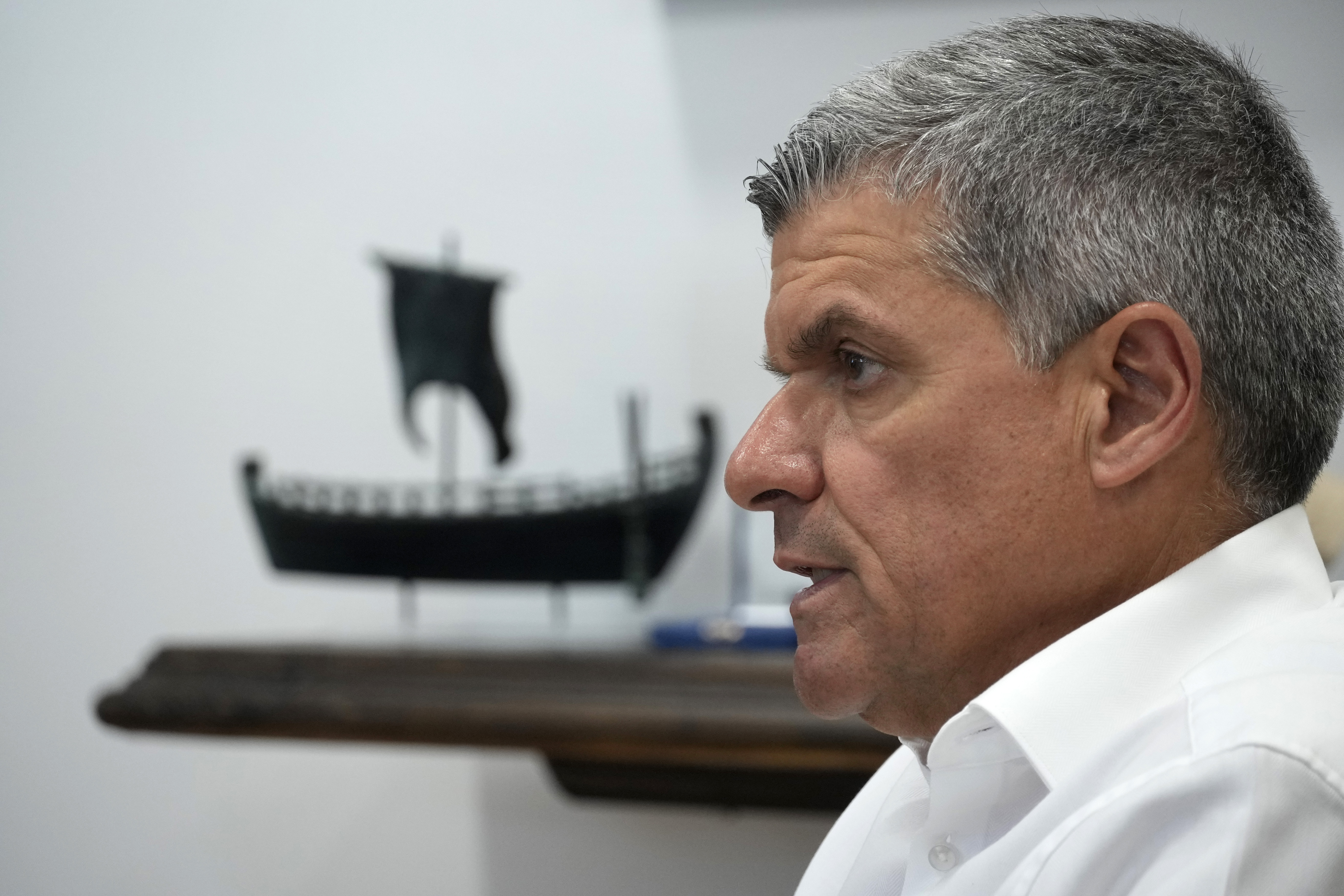 FILE - Cyprus' Energy Minister George Pananastasiou talks during an interview in his office at the Energy Ministry in Nicosia, Cyprus, Thursday July 25, 2024. (AP Photo/Petros Karadjias, File)