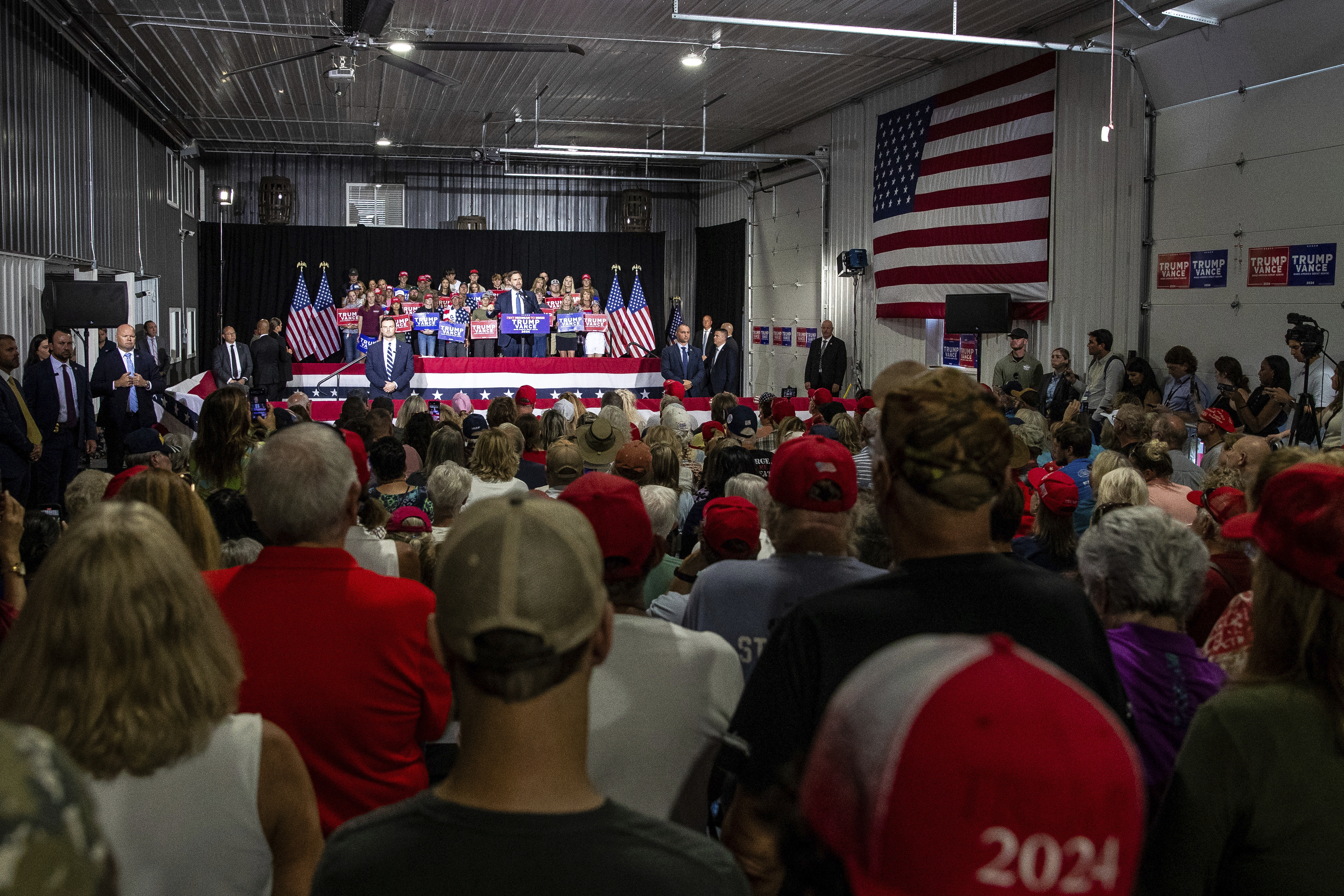 Republican vice presidential nominee JD Vance speaks during a campaign stop at Apple Valley Events in Sparta, Mich., Tuesday, Sept. 17, 2024. (Isaac Ritchey/The Grand Rapids Press via AP)