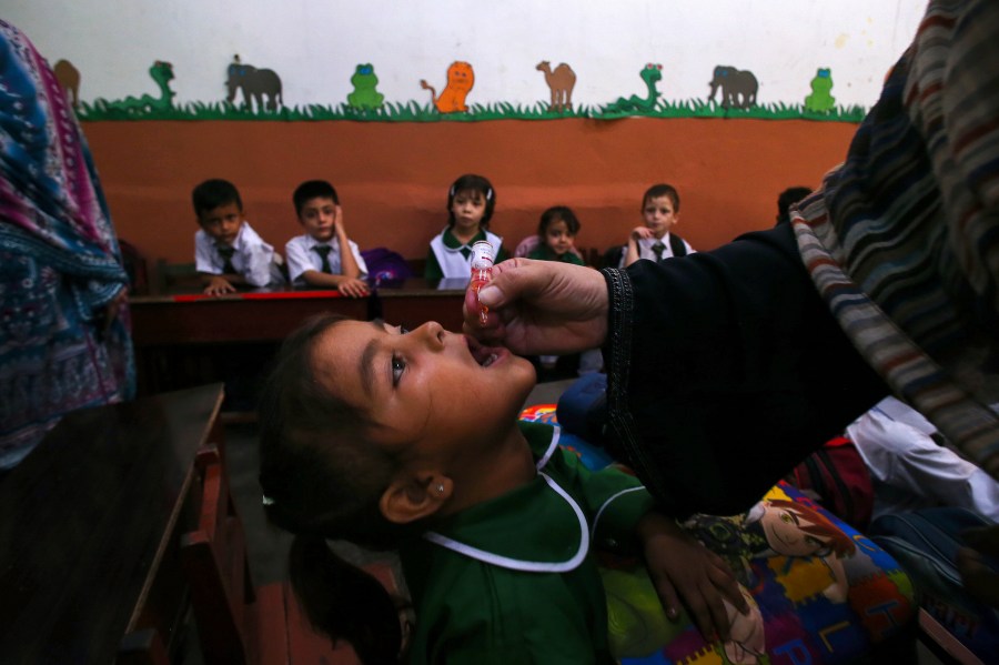 A health worker administers a polio vaccine to a child at a school in Peshawar, Pakistan, Monday, Sept. 9, 2024. (AP Photo/Muhammad Sajjad)