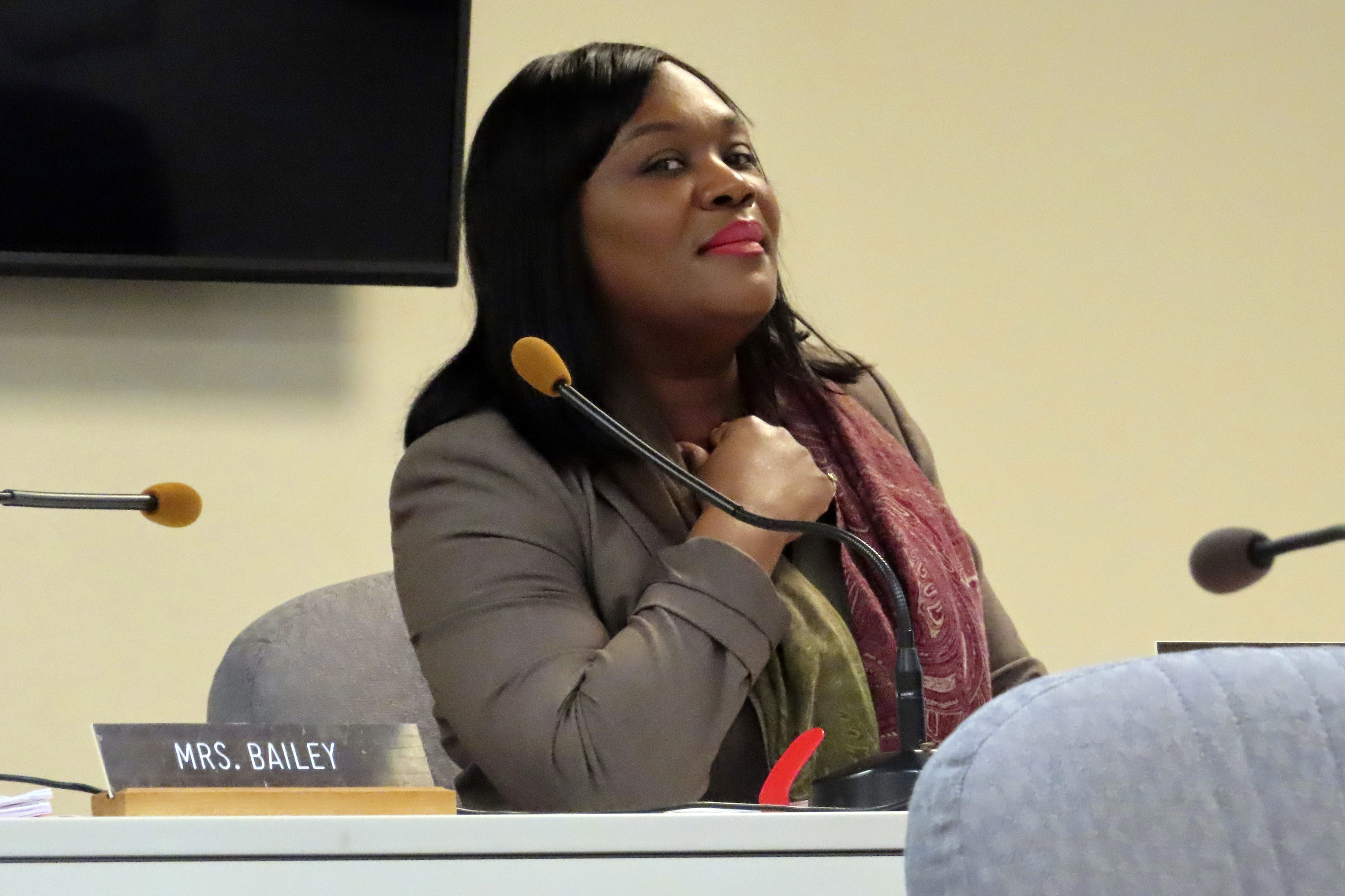 La'Quetta Small, the superintendent of schools in Atlantic City N.J., waits for a Board of Education meeting to begin on April 23, 2024. (AP Photo/Wayne Parry)