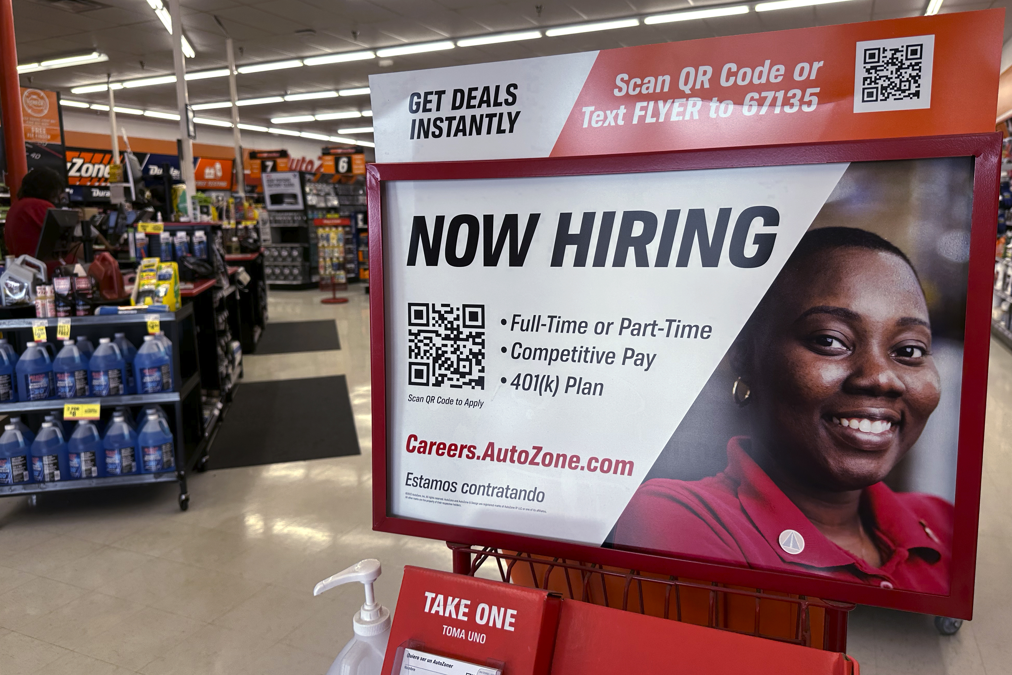 FILE - A hiring sign is displayed at a retail store in Buffalo Grove, Ill., Friday, Sept. 6, 2024. (AP Photo/Nam Y. Huh, File)