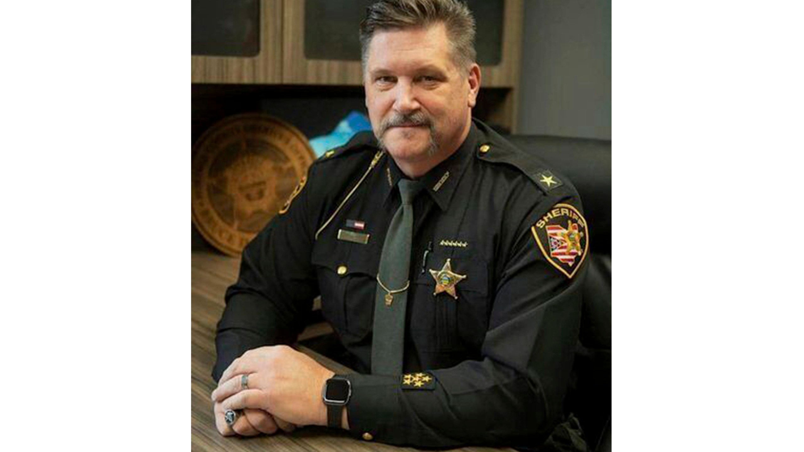 In this undated photo released by the Portage County Sheriff's Office, Sheriff Bruce D. Zuchowski poses. Zuchowski, is under fire for a social media post in which he said people with Kamala Harris yard signs should have their addresses recorded so that immigrants can be sent to live with them if Harris wins. (Portage County Sheriff's Office via AP)