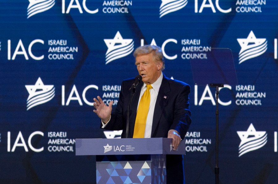 Former President Donald Trump delivers remarks during the Israeli American Council 9th Annual National Summit at the Washington Hilton in Washington, Thursday, Sept. 19, 2024. (AP Photo/Rod Lamkey, Jr.)