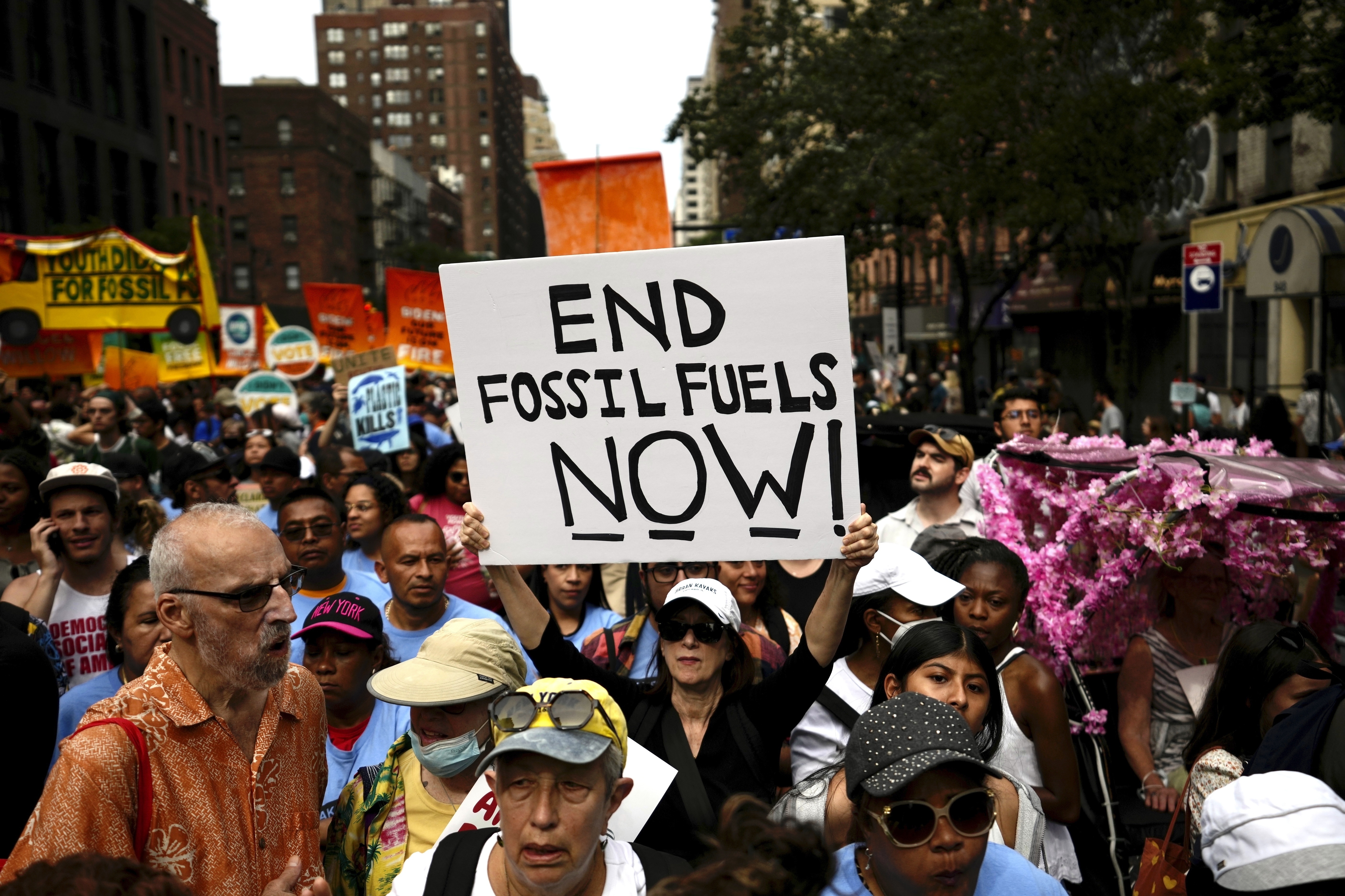 FILE - Climate activists attend a rally to end fossil fuels, in New York, Sept. 17, 2023. (AP Photo/Bryan Woolston, File)