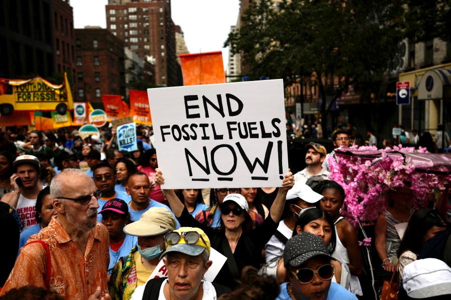 FILE - Climate activists attend a rally to end fossil fuels, in New York, Sept. 17, 2023. (AP Photo/Bryan Woolston, File)