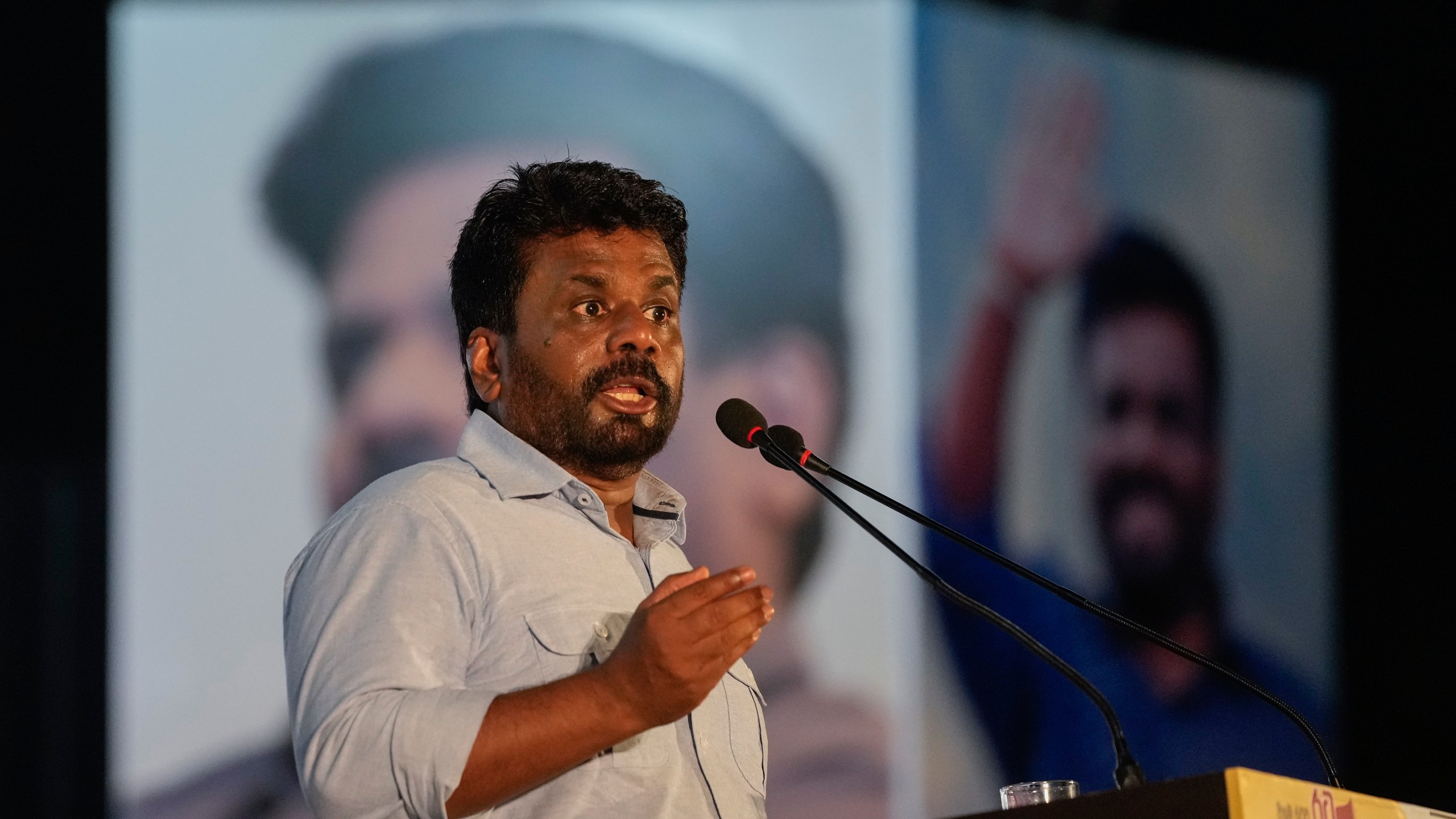 Leader and the presidential candidate of National People's Power Anura Kumara Dissanayake speaks to supporters during the final public rally ahead of the election in Colombo, Sri Lanka, Wednesday, Sept. 18, 2024. (AP Photo/Eranga Jayawardena)